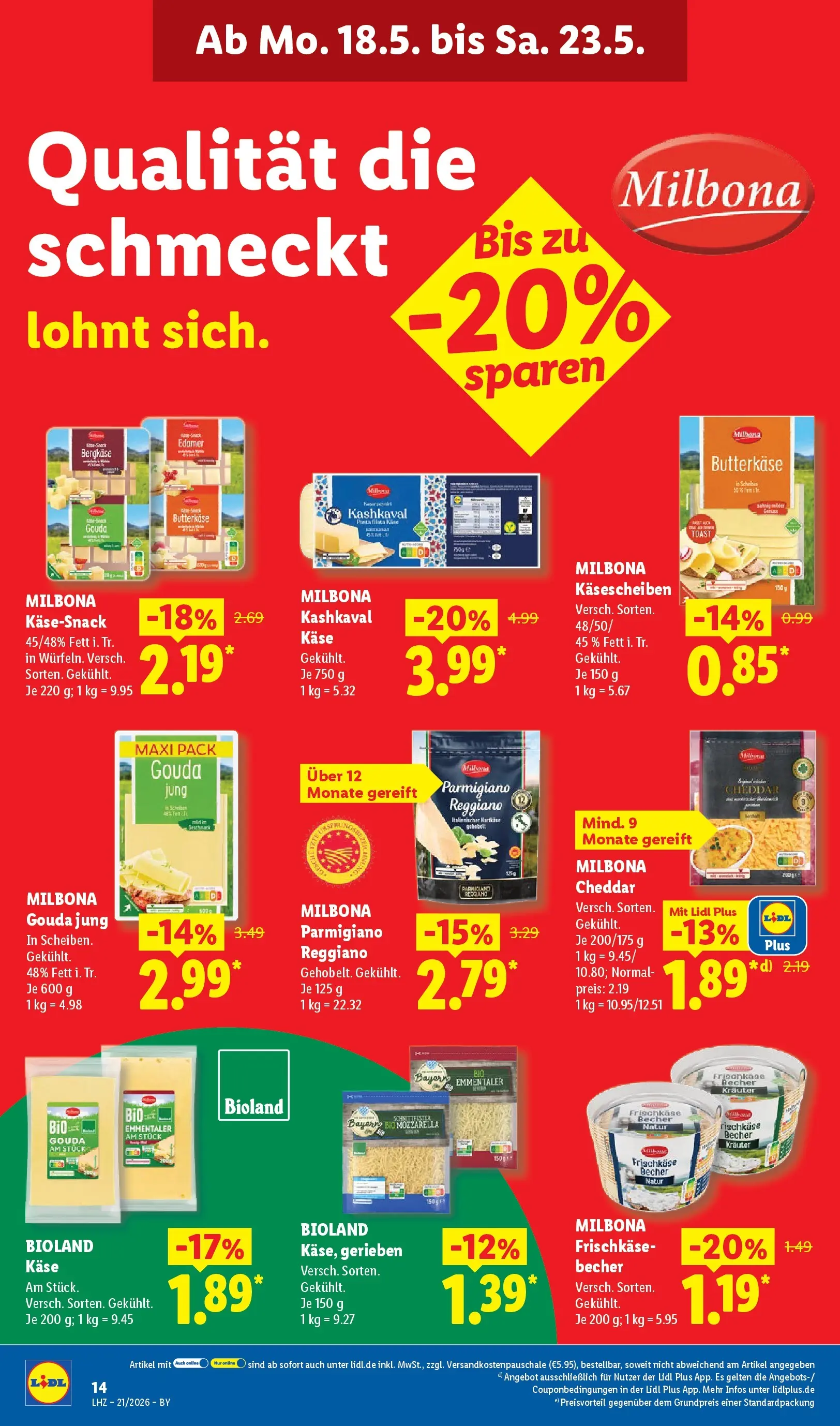 Lidl Prospekt Hof-innenstadt (ab 17.05.2026) zum Blättern » Angebote | Seite: 20 | Produkte: Mozzarella, Gouda, Edamer, Pasta