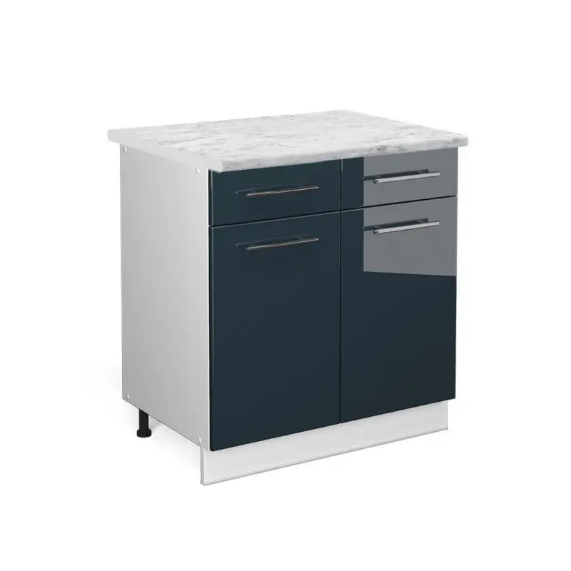 K&uuml;chenunterschrank Fame-Line Dunkelblau Hochglanz 80 cm , AP Marmor
