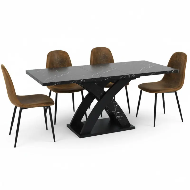 Tischgruppe 5-teilig Ausziehtisch in Marmoroptik & 4 Polsterst&uuml;hle im Vintage-Look
