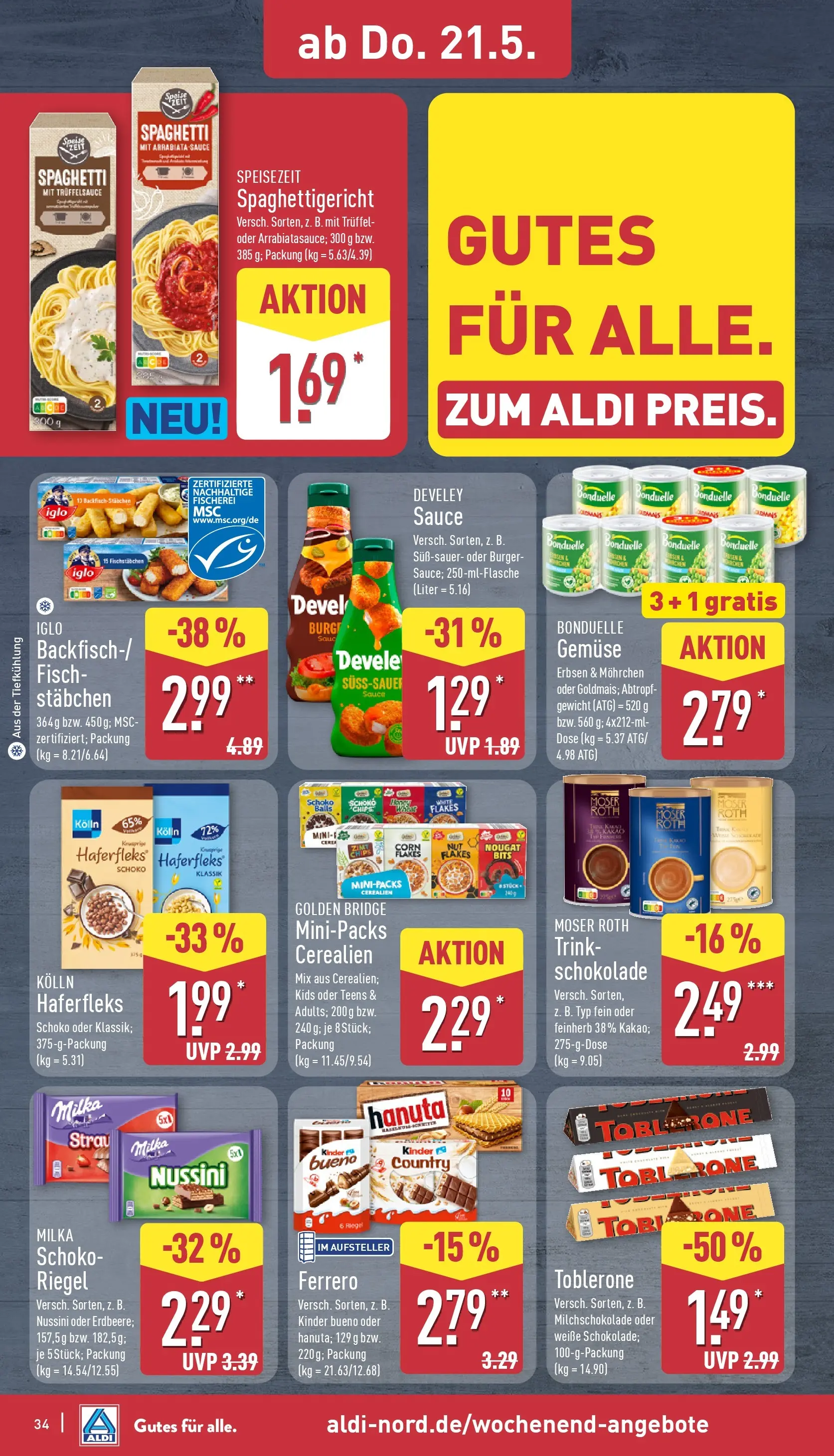 Aldi - ALDI Nord: Wochenangebote (ab 17.05.2026) » Angebote Online | Seite: 35 | Produkte: Gewicht, Kinder bueno, Milka, Fischstabchen