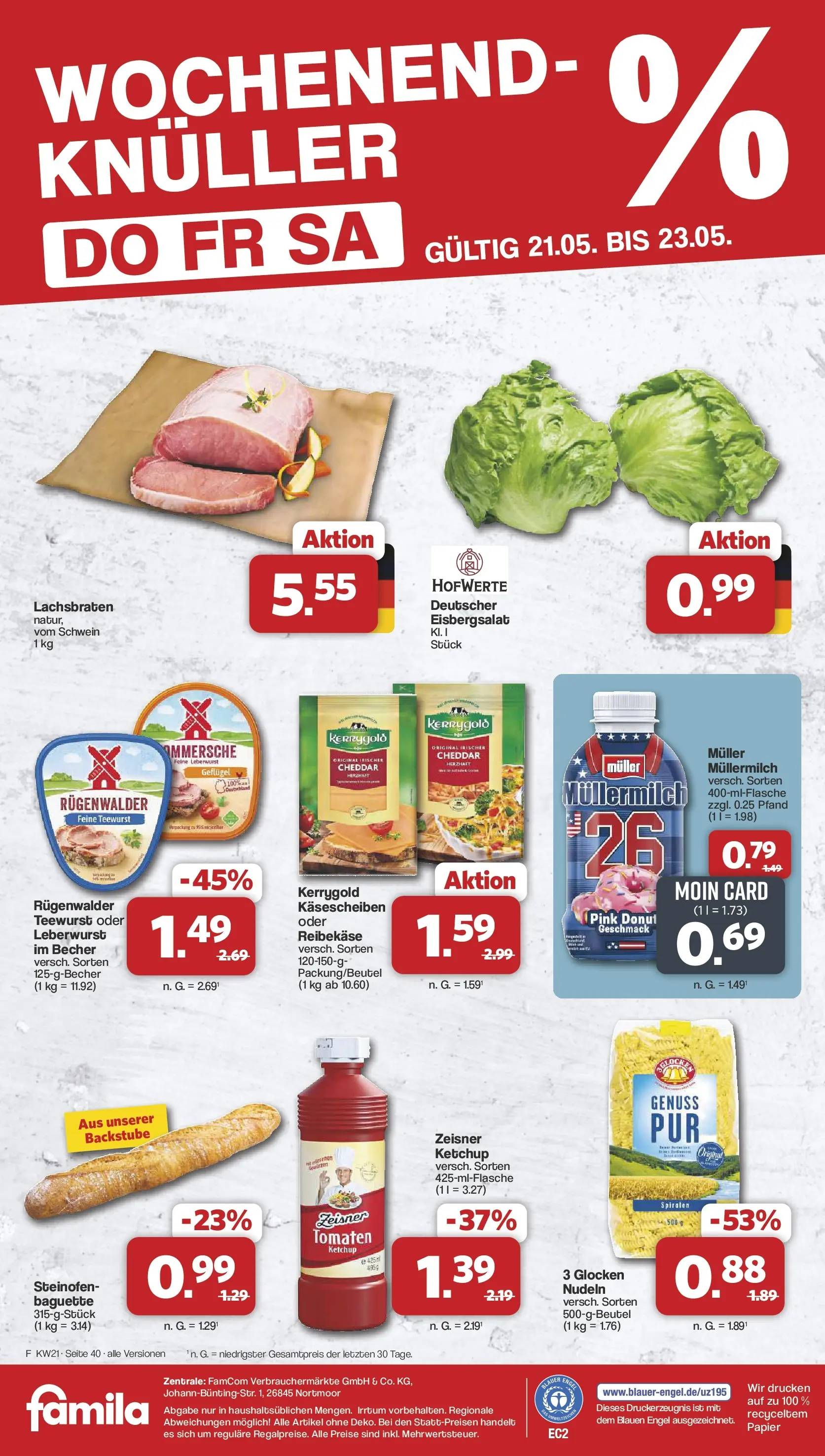 Famila Nordwest  Wochenangebote (ab 18.05.2026) zum Blättern | Seite: 40 | Produkte: Baguette, Eisbergsalat, Müllermilch, Nudeln