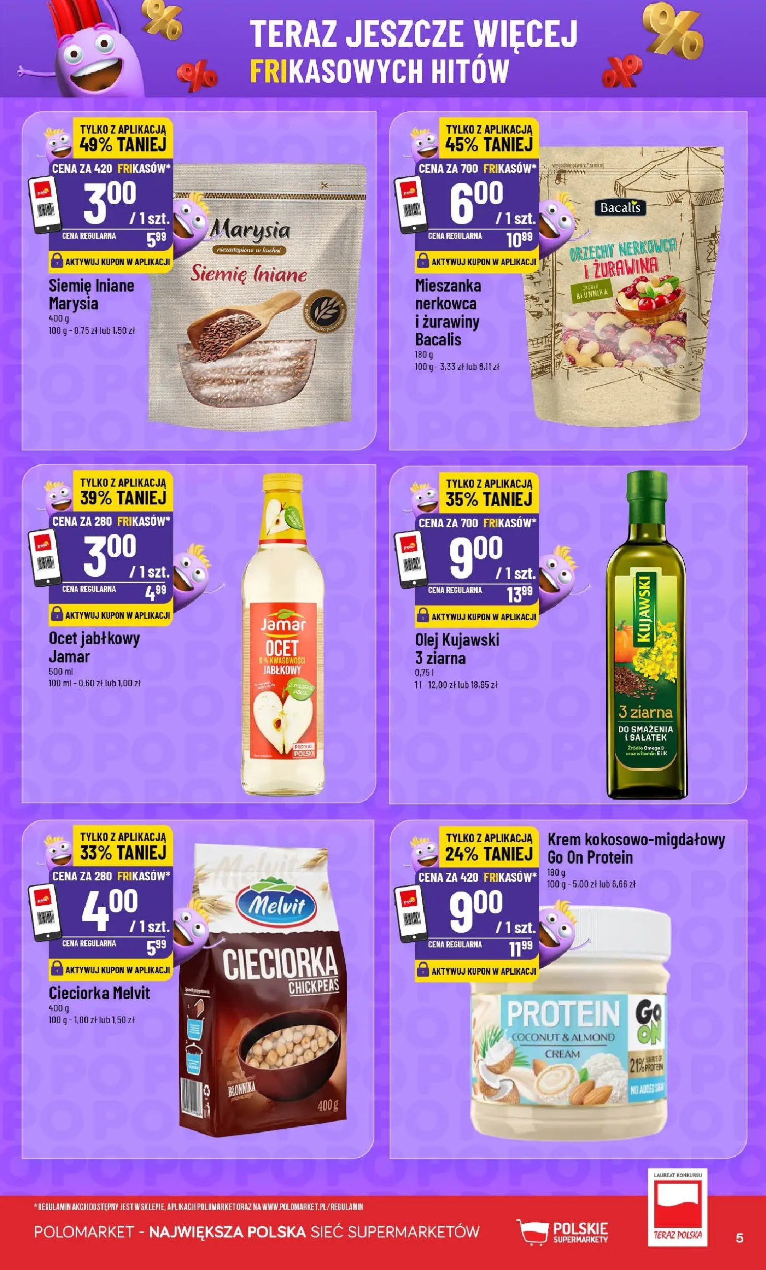 Nowa POLOmarket gazetka od jutra 12.05.2026 | Strona: 5 | Produkty: Ocet jabłkowy, Żurawina, Olej, Orzechy