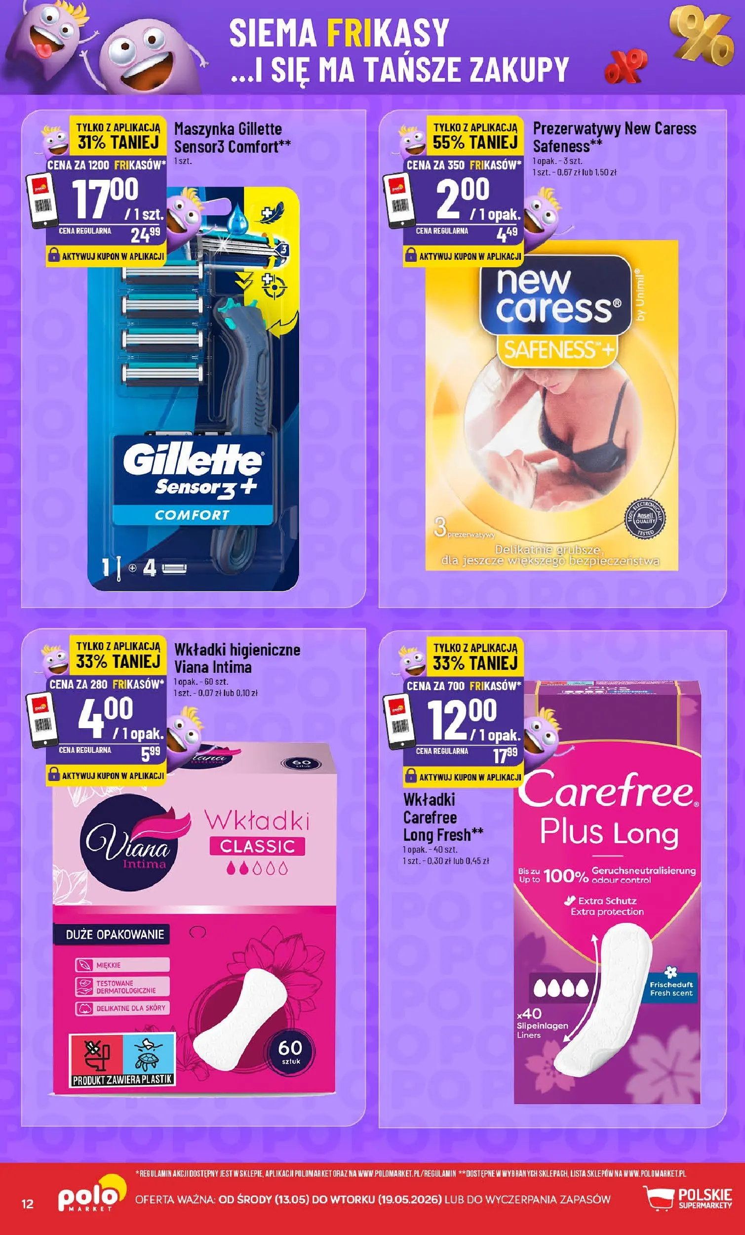 Nowa POLOmarket gazetka od jutra 12.05.2026 | Strona: 12 | Produkty: Gillette, Prezerwatywy, Wkładki higieniczne
