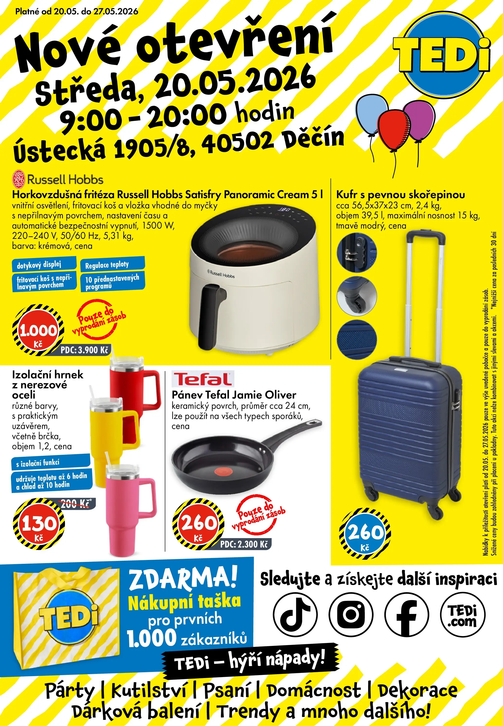 TEDi aktuální leták od 20.05.2026 - akční nabídka | Strana: 1 | Produkty: Hrnek, Taška, Horkovzdušná fritéza, Dekorace