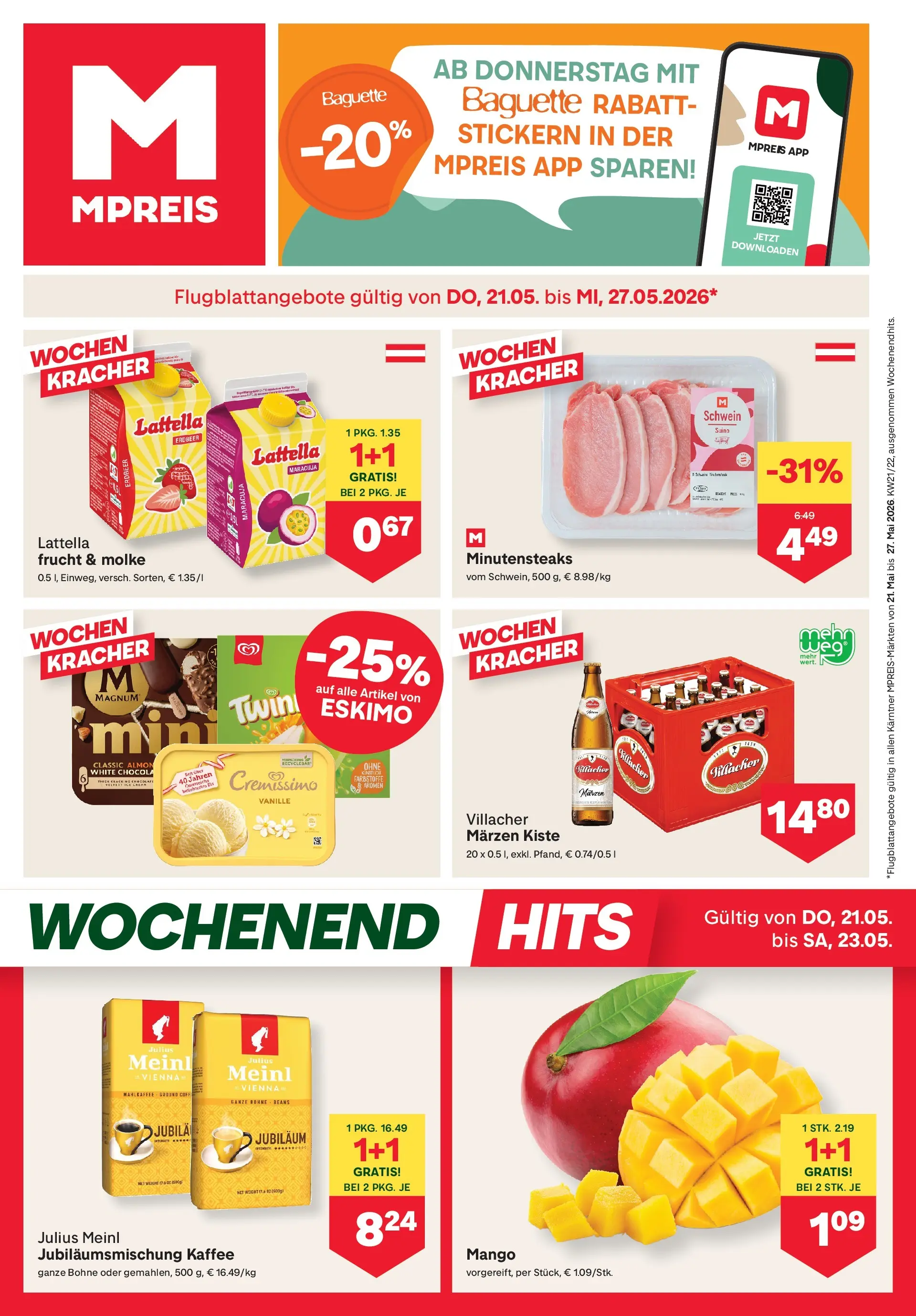 MPREIS Velden von 20.05.2026 - Aktuelle Angebote | Seite: 1 | Produkte: Mango, Jääkaappipakastin, Kaffee