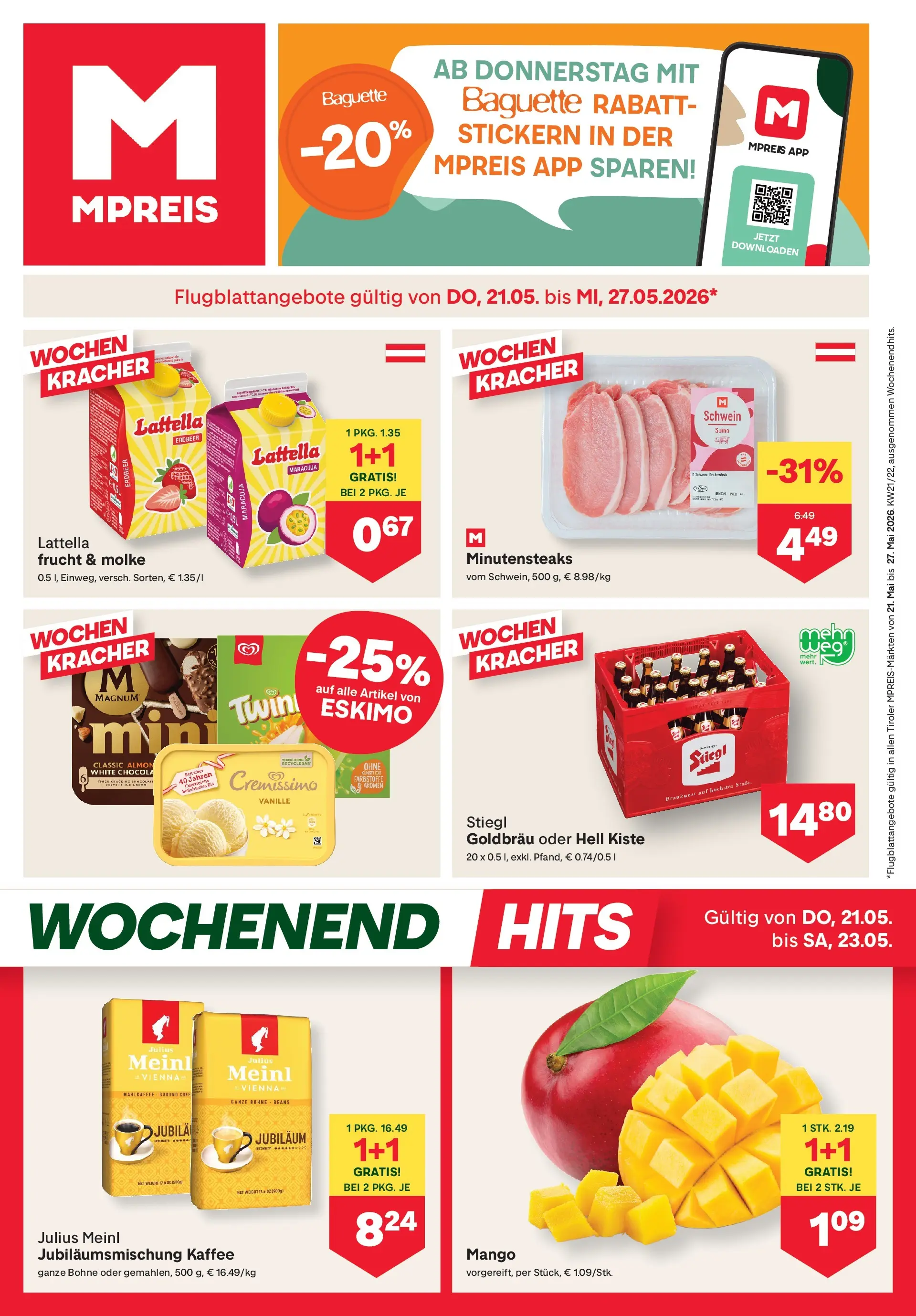 MPREIS Pfunds von 21.05.2026 - Aktuelle Angebote | Seite: 1 | Produkte: Mango, Jääkaappipakastin, Kaffee