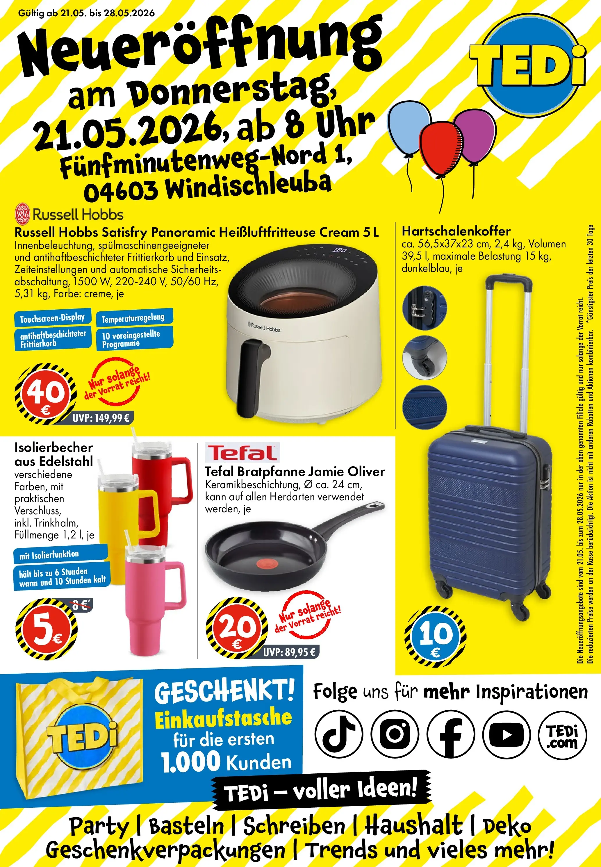 TEDi Prospekt Neueröffnung Windischleuba (ab 21.05.2026) zum Blättern | Seite: 1 | Produkte: Heißluftfritteuse, Uhr