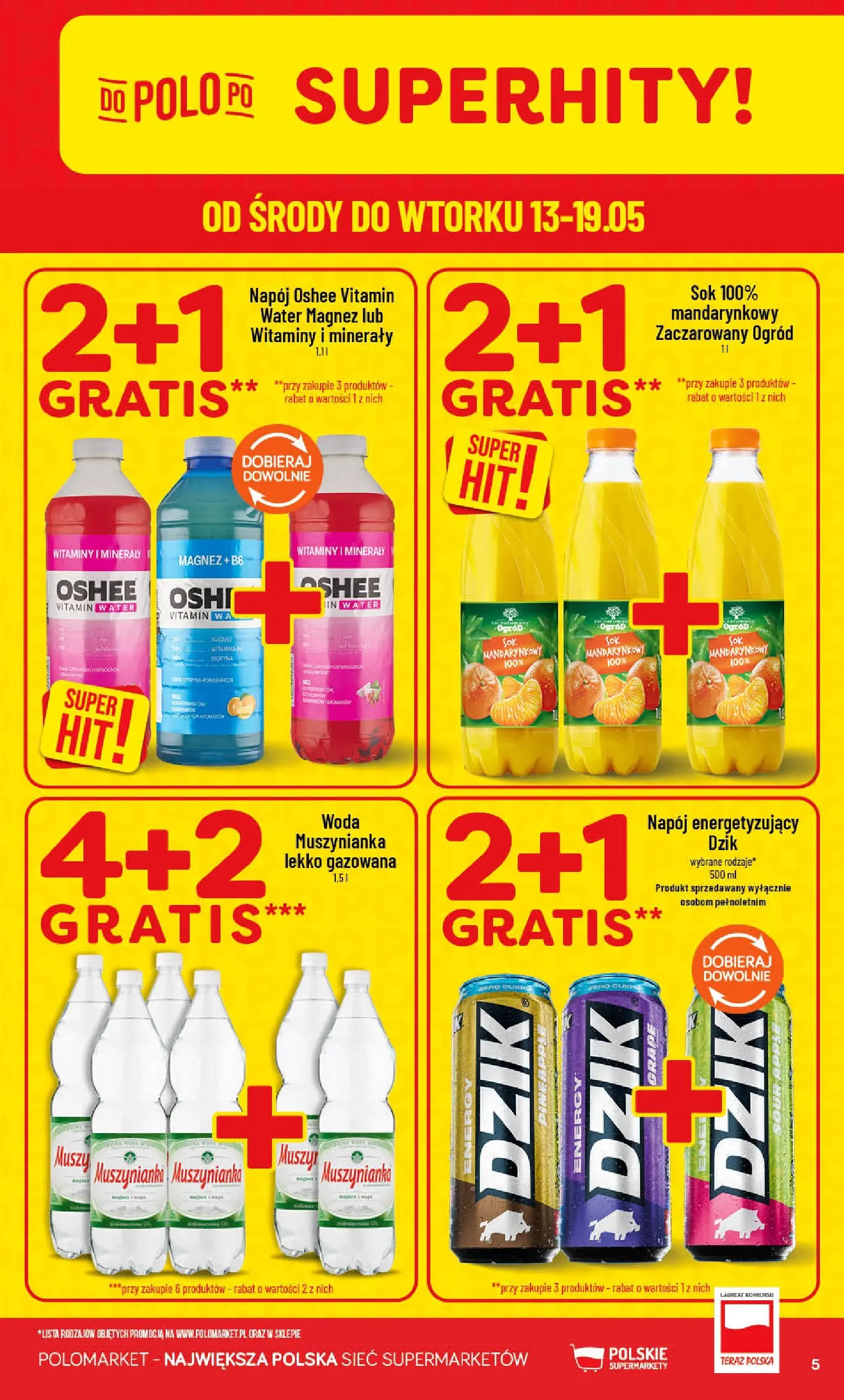 Nowa POLOmarket gazetka od jutra 13.05.2026 | Strona: 5 | Produkty: Muszynianka, Sok, Woda