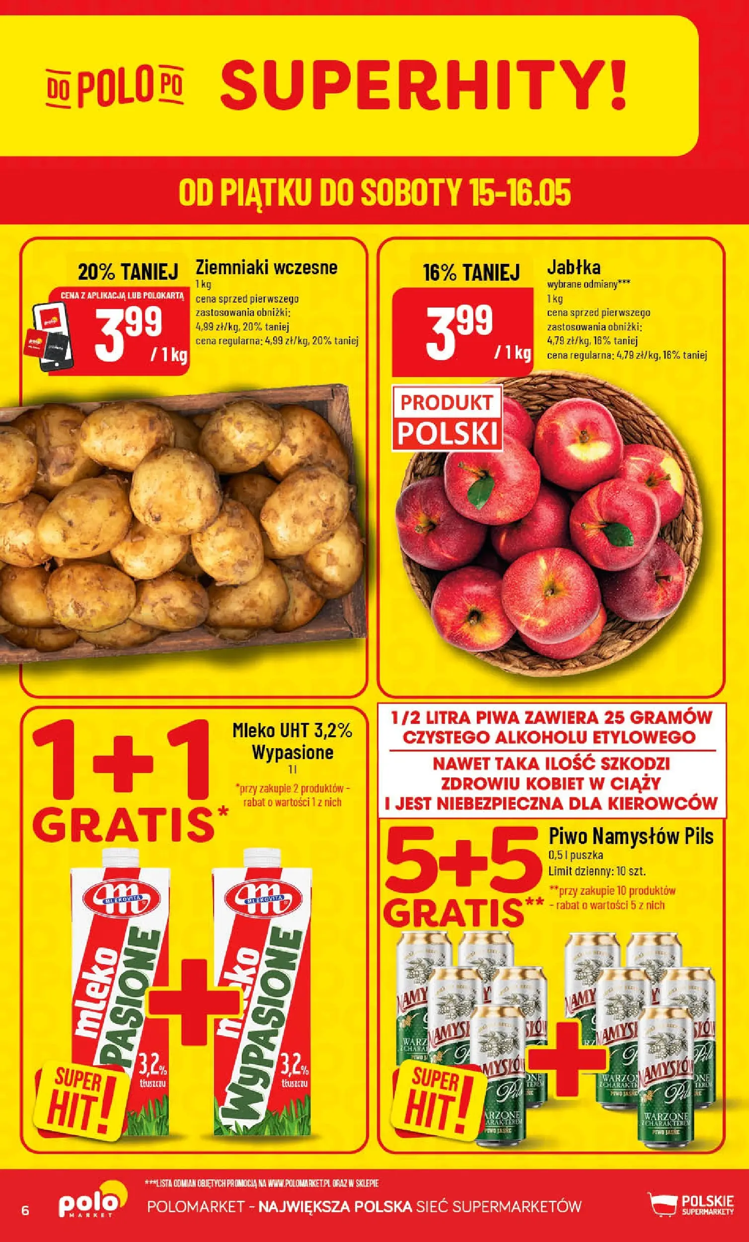 Nowa POLOmarket gazetka od jutra 13.05.2026 | Strona: 6 | Produkty: Mleko, Piwo, Piwo Namysłów, Ziemniaki
