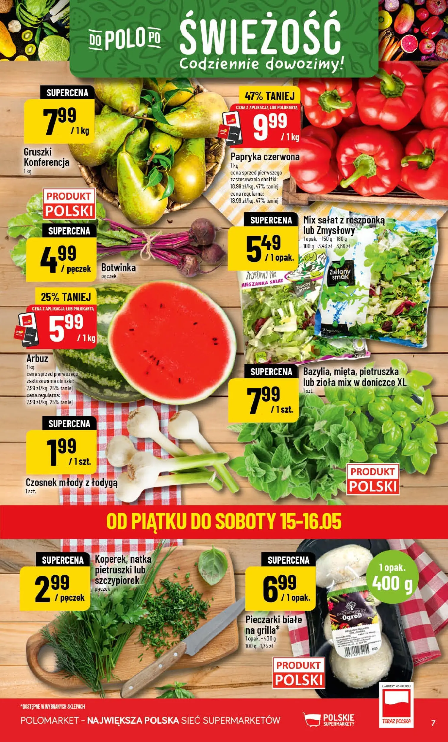 Nowa POLOmarket gazetka od jutra 13.05.2026 | Strona: 7 | Produkty: Pieczarki białe, Roszponka, Botwinka, Mix sałat
