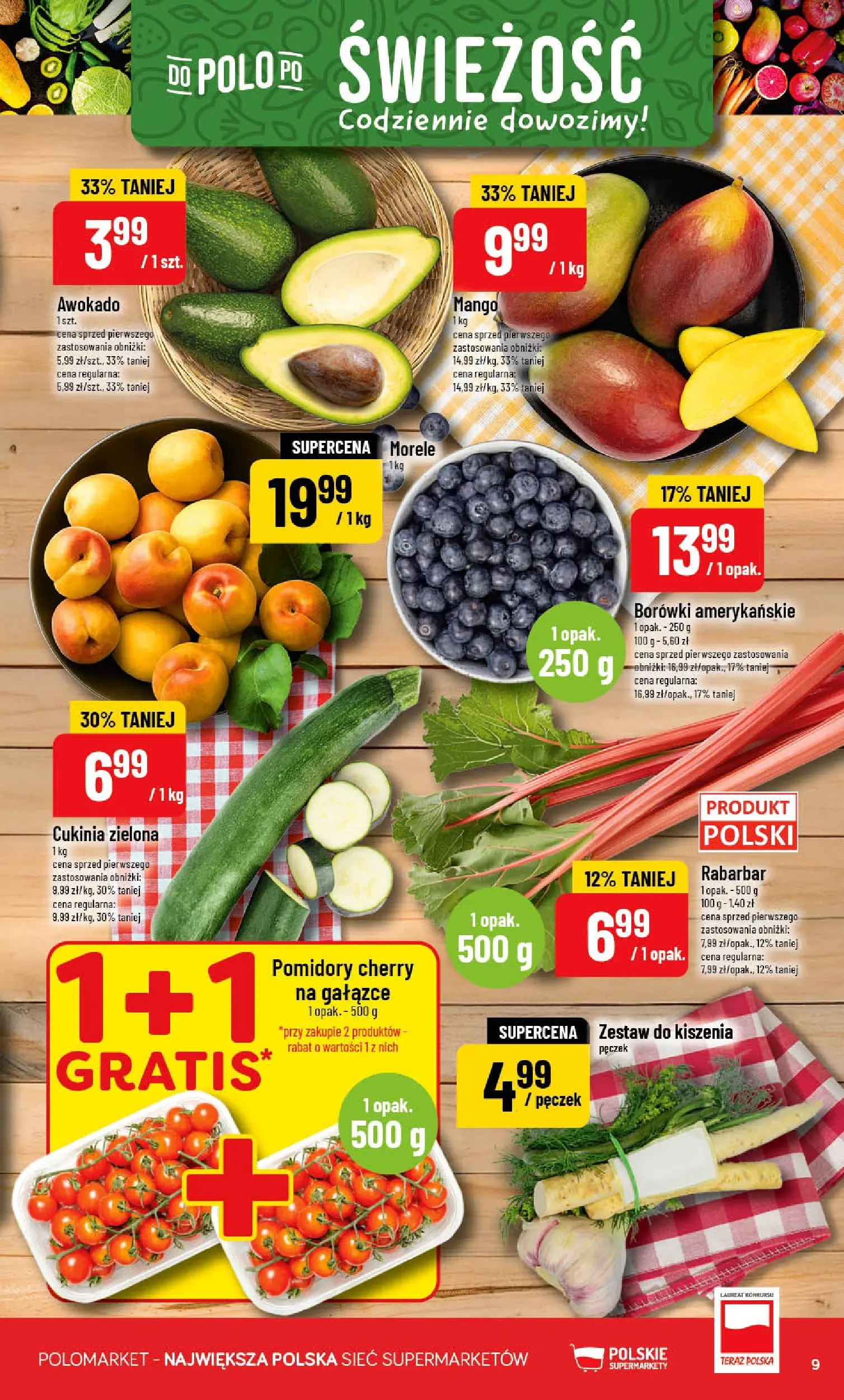 Nowa POLOmarket gazetka od jutra 13.05.2026 | Strona: 9 | Produkty: Cukinia, Morele, Pomidory, Awokado