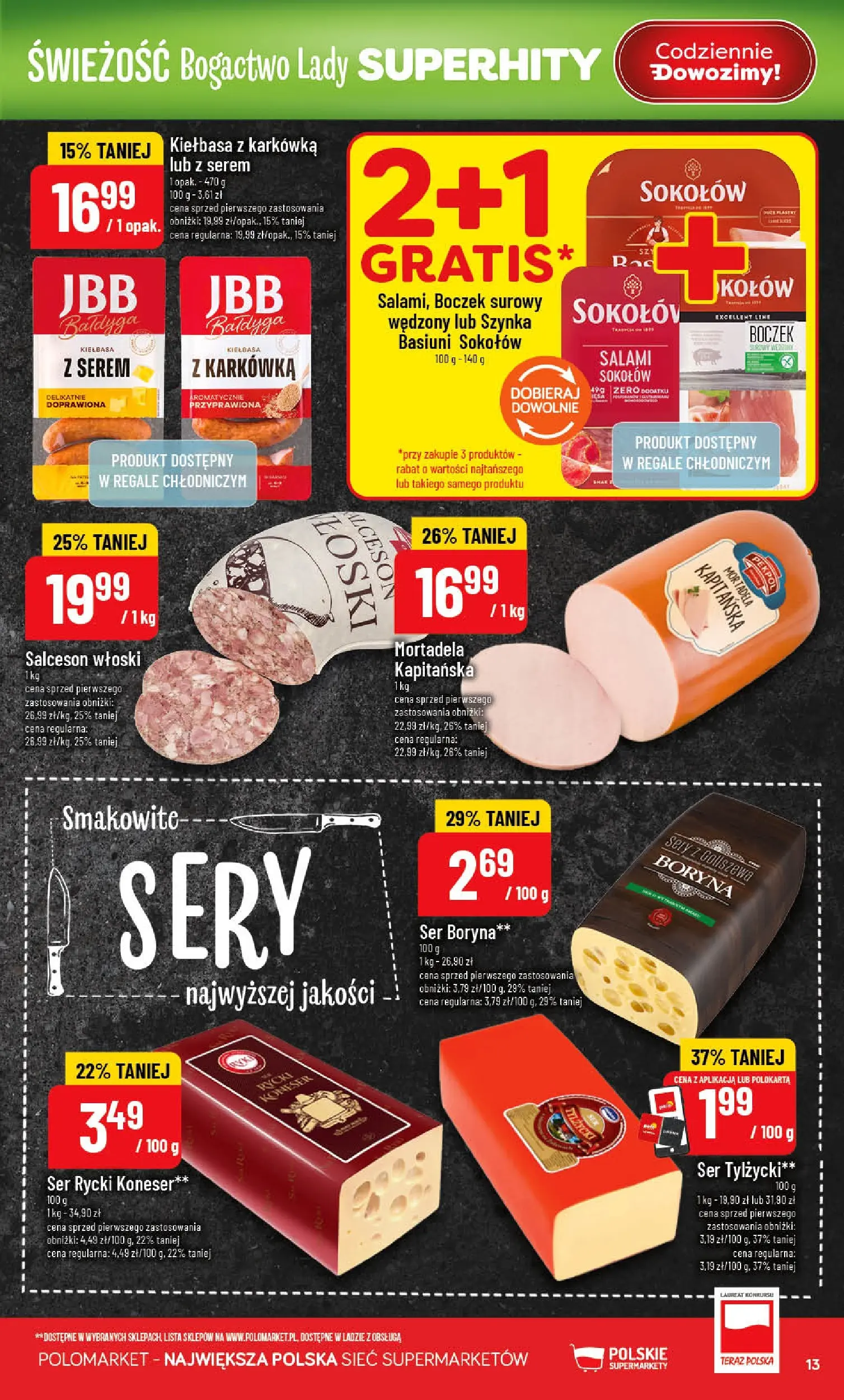 Nowa POLOmarket gazetka od jutra 13.05.2026 | Strona: 13 | Produkty: Kiełbasa, Mortadela, Salami, Boczek surowy