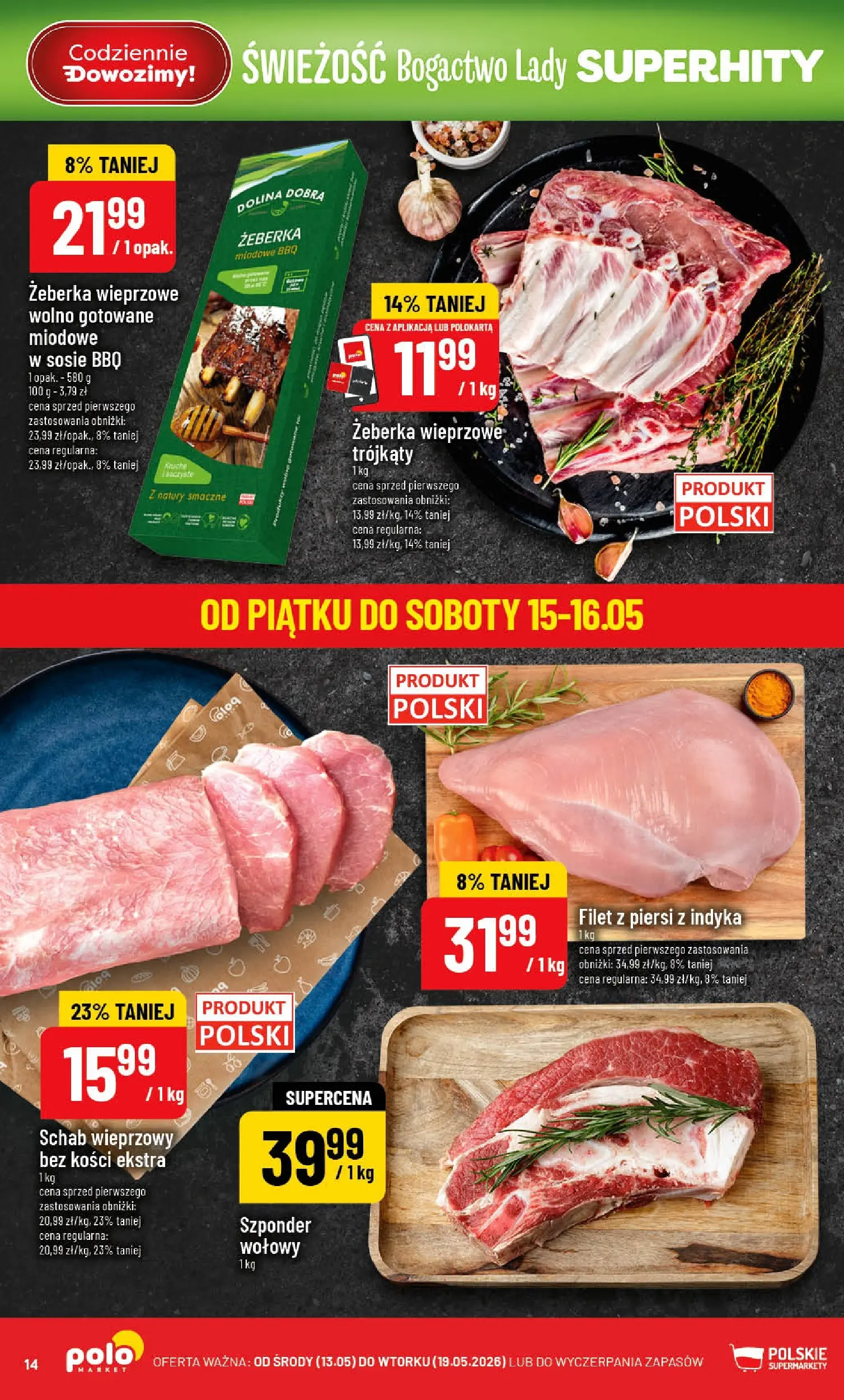 Nowa POLOmarket gazetka od jutra 13.05.2026 | Strona: 14 | Produkty: Schab, Piersi, Schab wieprzowy, Schab wieprzowy bez kości