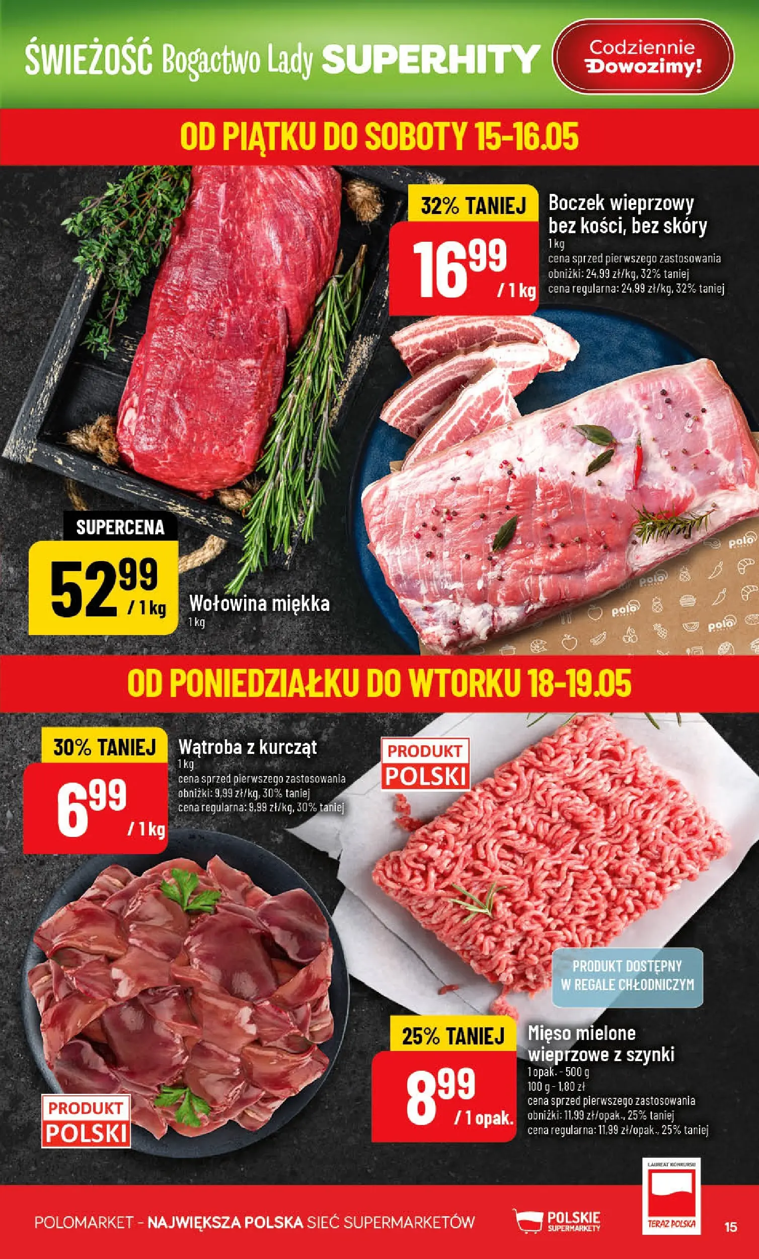 Nowa POLOmarket gazetka od jutra 13.05.2026 | Strona: 15 | Produkty: Mięso, Boczek wieprzowy, Mięso mielone, Wołowina