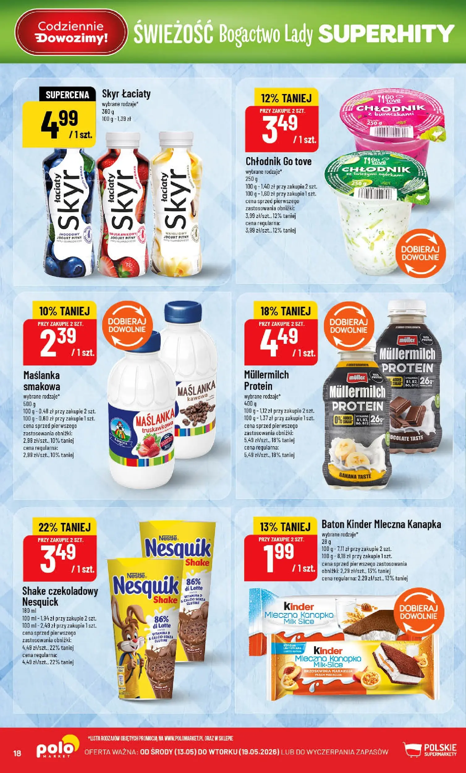 Nowa POLOmarket gazetka od jutra 13.05.2026 | Strona: 18 | Produkty: Maślanka, Baton, Jogurt, Skyr