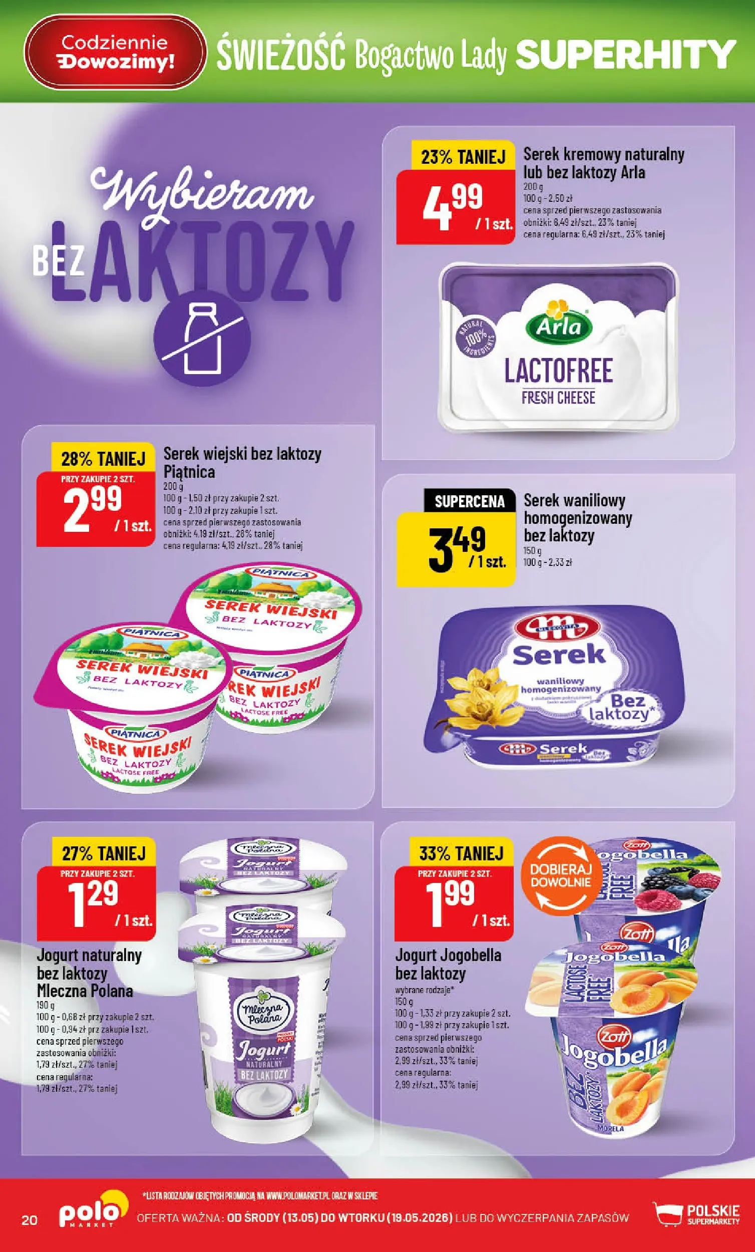 Nowa POLOmarket gazetka od jutra 13.05.2026 | Strona: 20 | Produkty: Bez laktozy, Jogurt naturalny, Serek wiejski bez laktozy, Jogurt