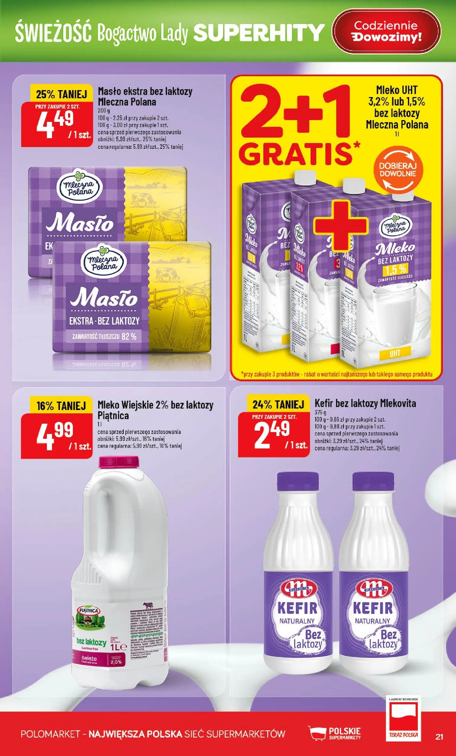 Nowa POLOmarket gazetka od jutra 13.05.2026 | Strona: 21 | Produkty: Kefir naturalny, Kefir bez laktozy, Mleko, Masło