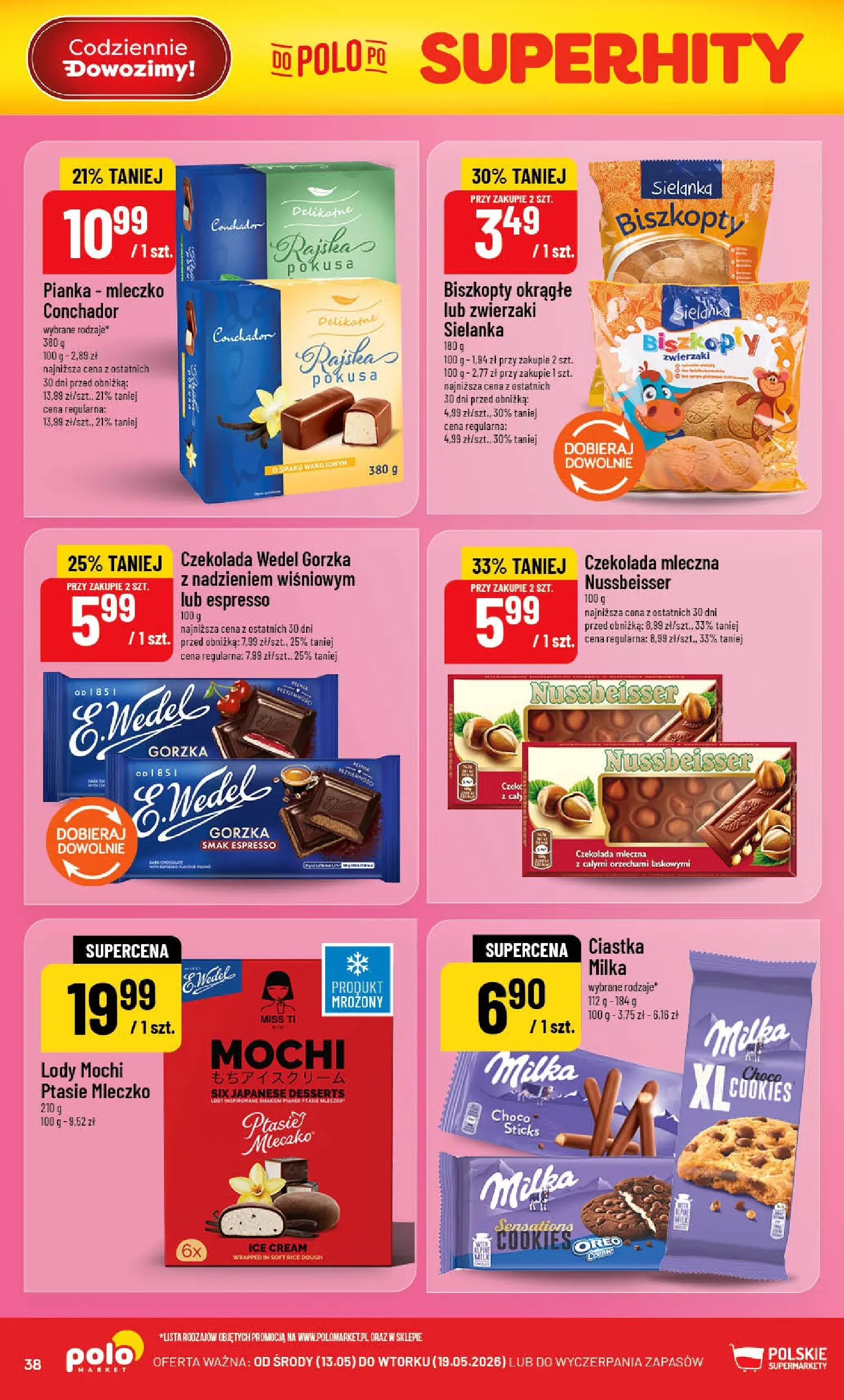 Nowa POLOmarket gazetka od jutra 13.05.2026 | Strona: 38 | Produkty: Czekolada mleczna, Ptasie mleczko, Ciastka, Lody