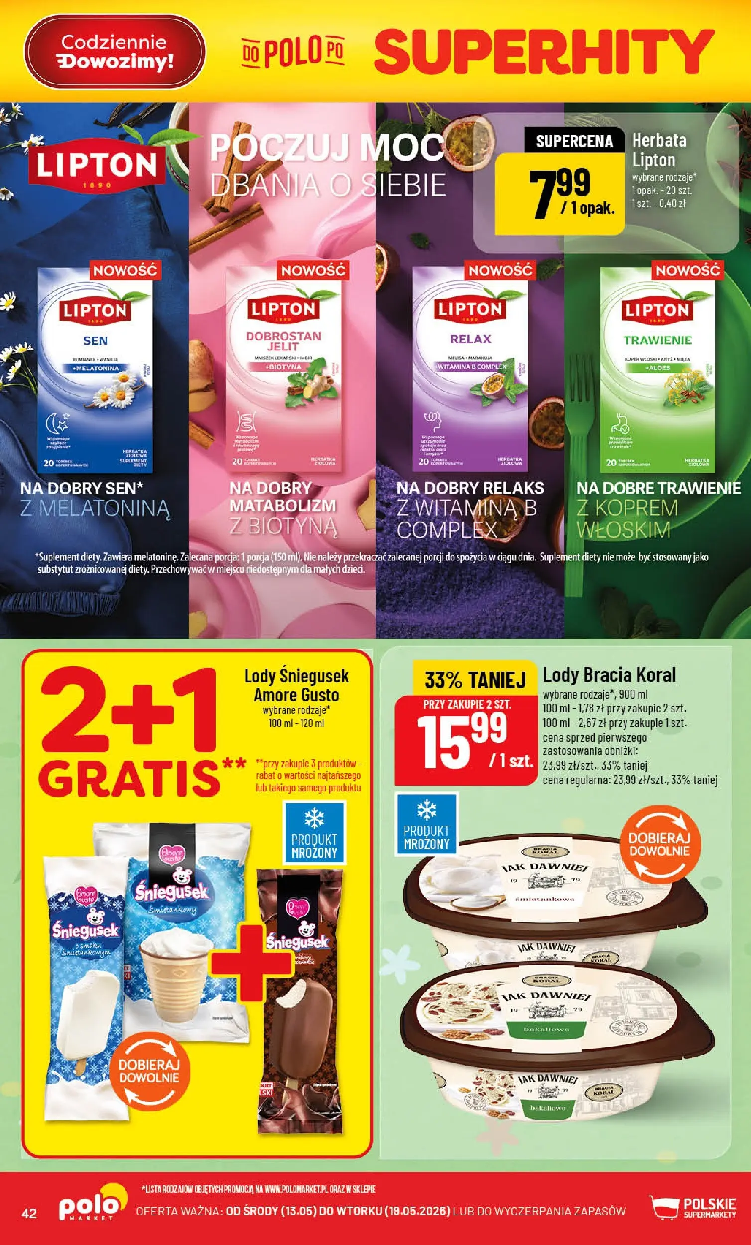 Nowa POLOmarket gazetka od jutra 13.05.2026 | Strona: 42 | Produkty: Aloes, Herbata lipton, Herbata, Lody