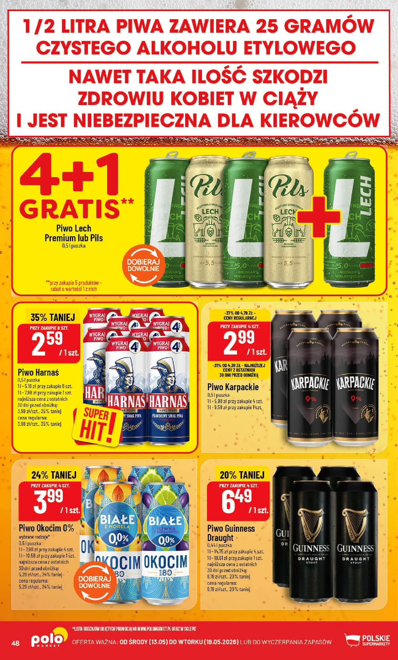 Nowa POLOmarket gazetka od jutra 13.05.2026 | Strona: 48 | Produkty: Piwo Guinness, Guinness, Harnaś, Piwo