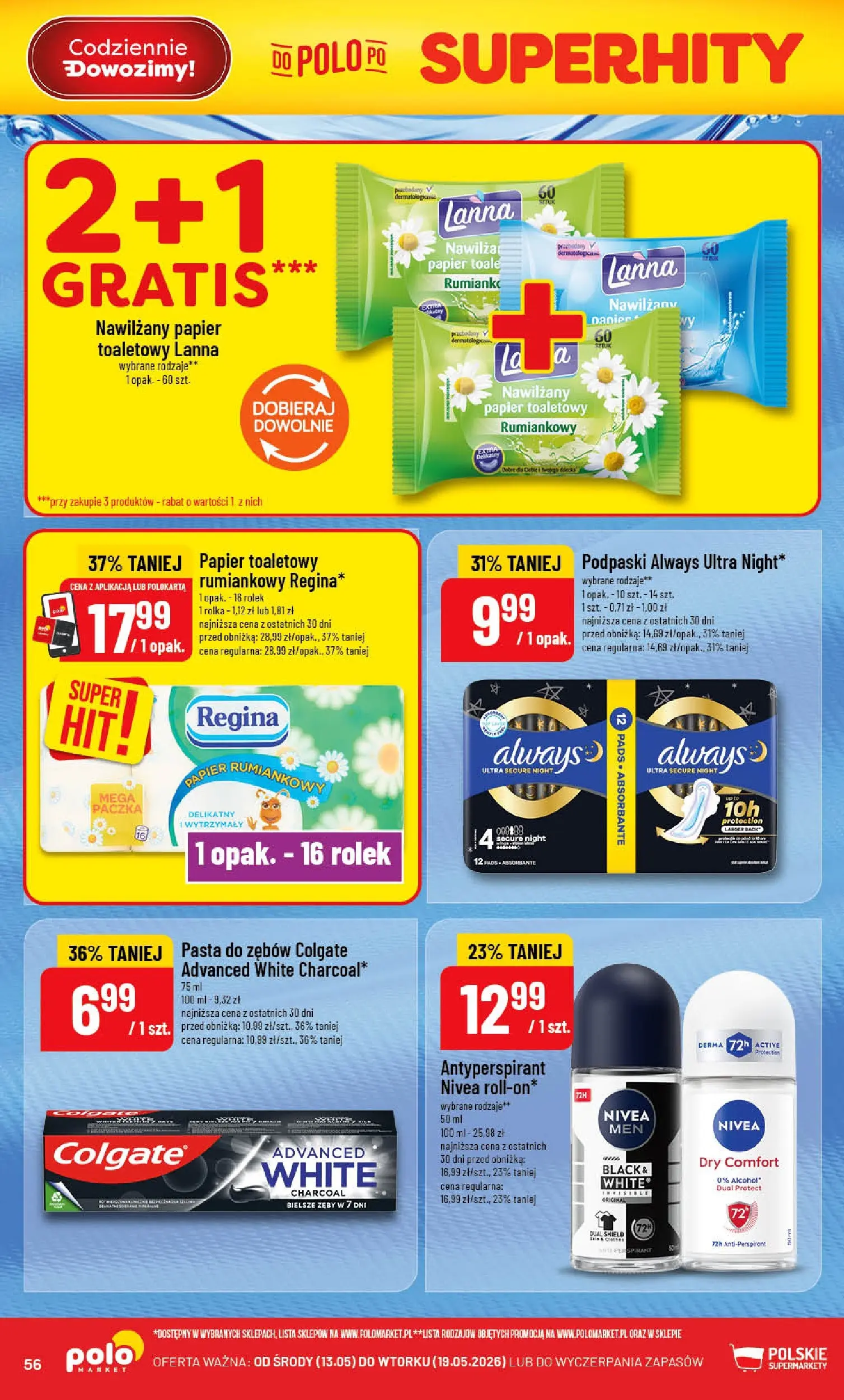 Nowa POLOmarket gazetka od jutra 13.05.2026 | Strona: 56 | Produkty: Papier toaletowy, Podpaski, Antyperspirant, Pasta do zębów