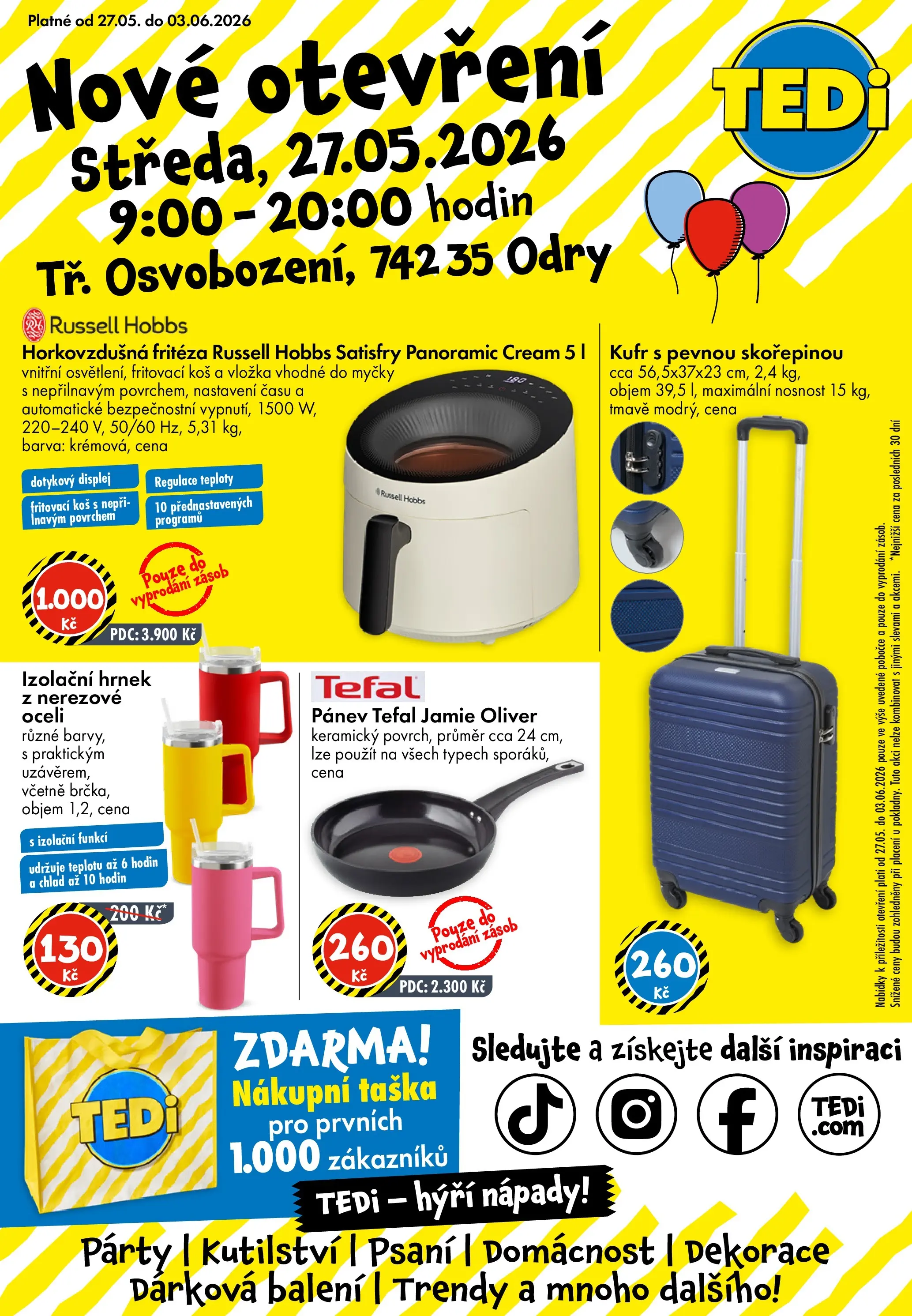 TEDi leták - Odry od 27.05.2026 - akční nabídka | Strana: 1 | Produkty: Nákupní taška, Fritéza, Tefal, Dekorace
