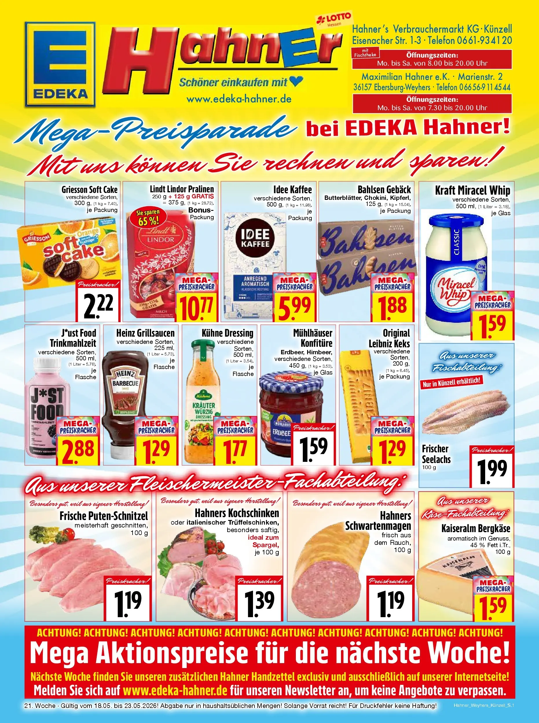 Angebote - Edeka Hahner: Wochenangebote (ab 17.05.2026) zum Blättern | Seite: 1 | Produkte: Milch, Käse, Dressing, Lindt