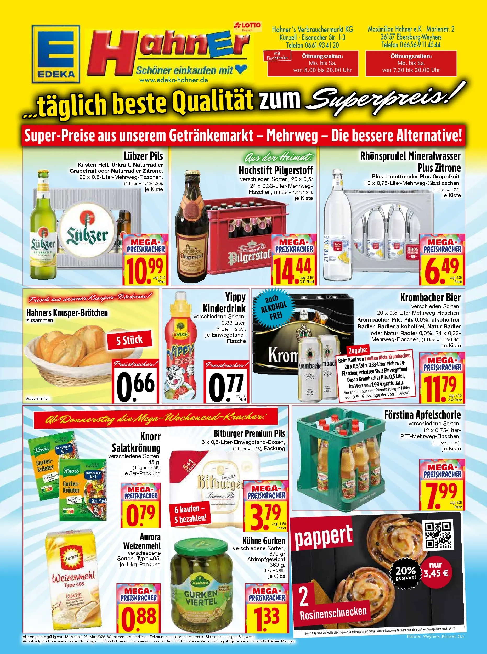 Angebote - Edeka Hahner: Wochenangebote (ab 17.05.2026) zum Blättern | Seite: 2 | Produkte: Bitburger, Bäckerei, Weizenmehl, Krombacher