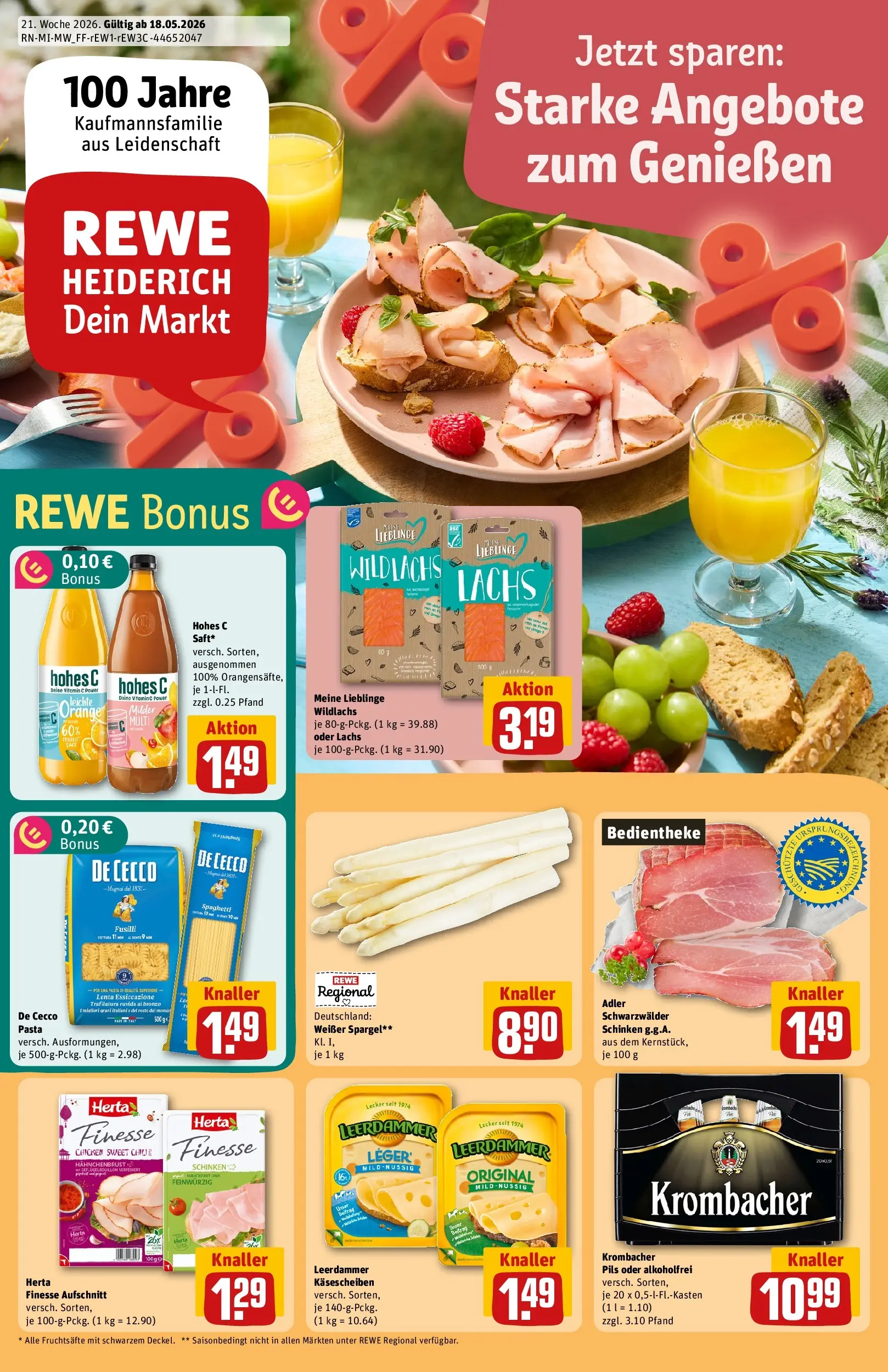 REWE Prospekt ab 17.05.2026 zum Blättern » Angebote | Seite: 1 | Produkte: Pils, Spargel, Krombacher, Schinken