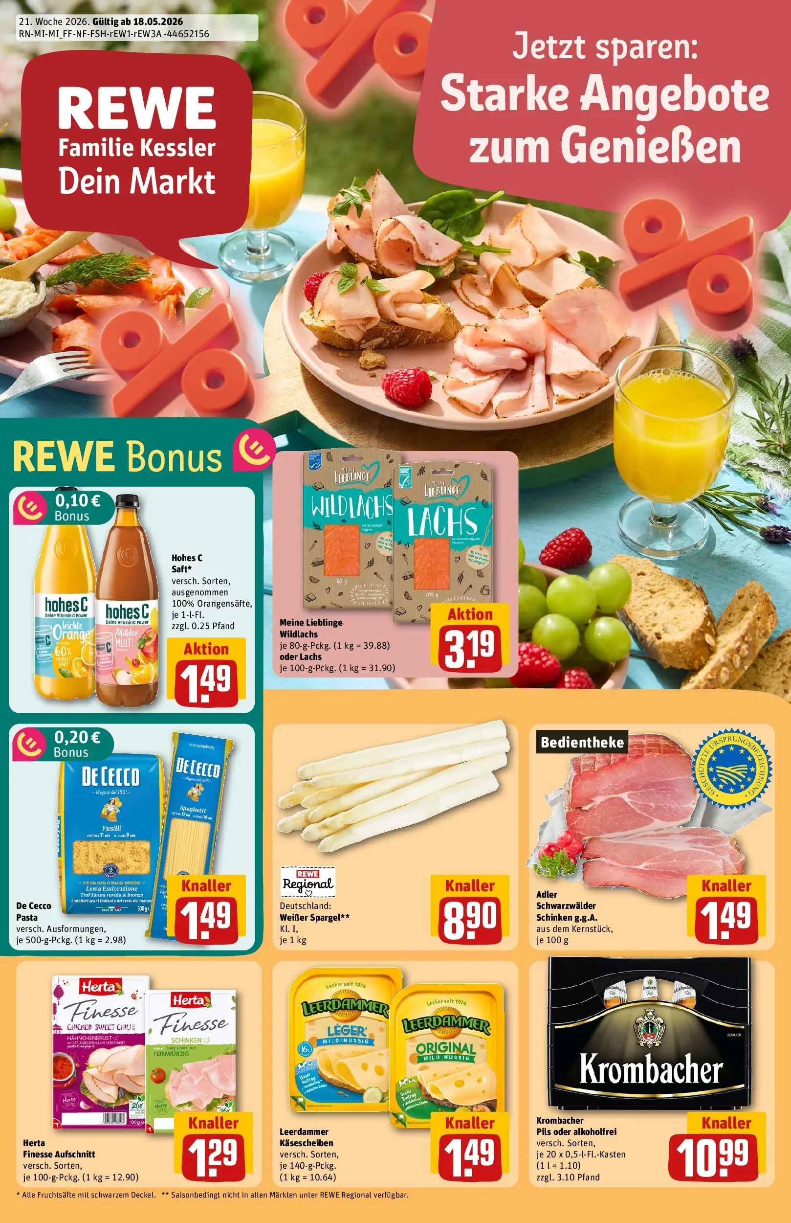REWE Prospekt ab 17.05.2026 zum Blättern » Angebote | Seite: 1 | Produkte: Pils, Leerdammer, Lachs, Krombacher