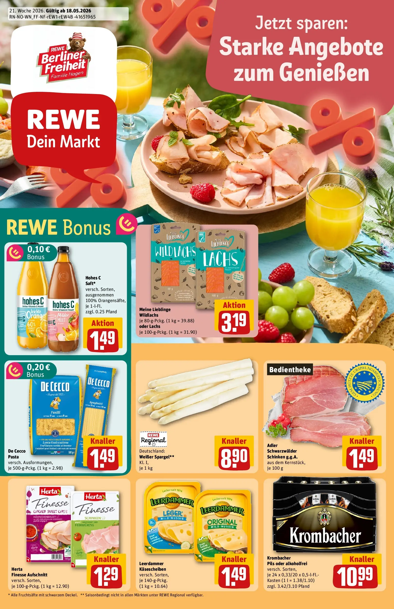 REWE Prospekt ab 17.05.2026 zum Blättern » Angebote | Seite: 1 | Produkte: Spargel, Krombacher, Pasta, Hahnchenbrust