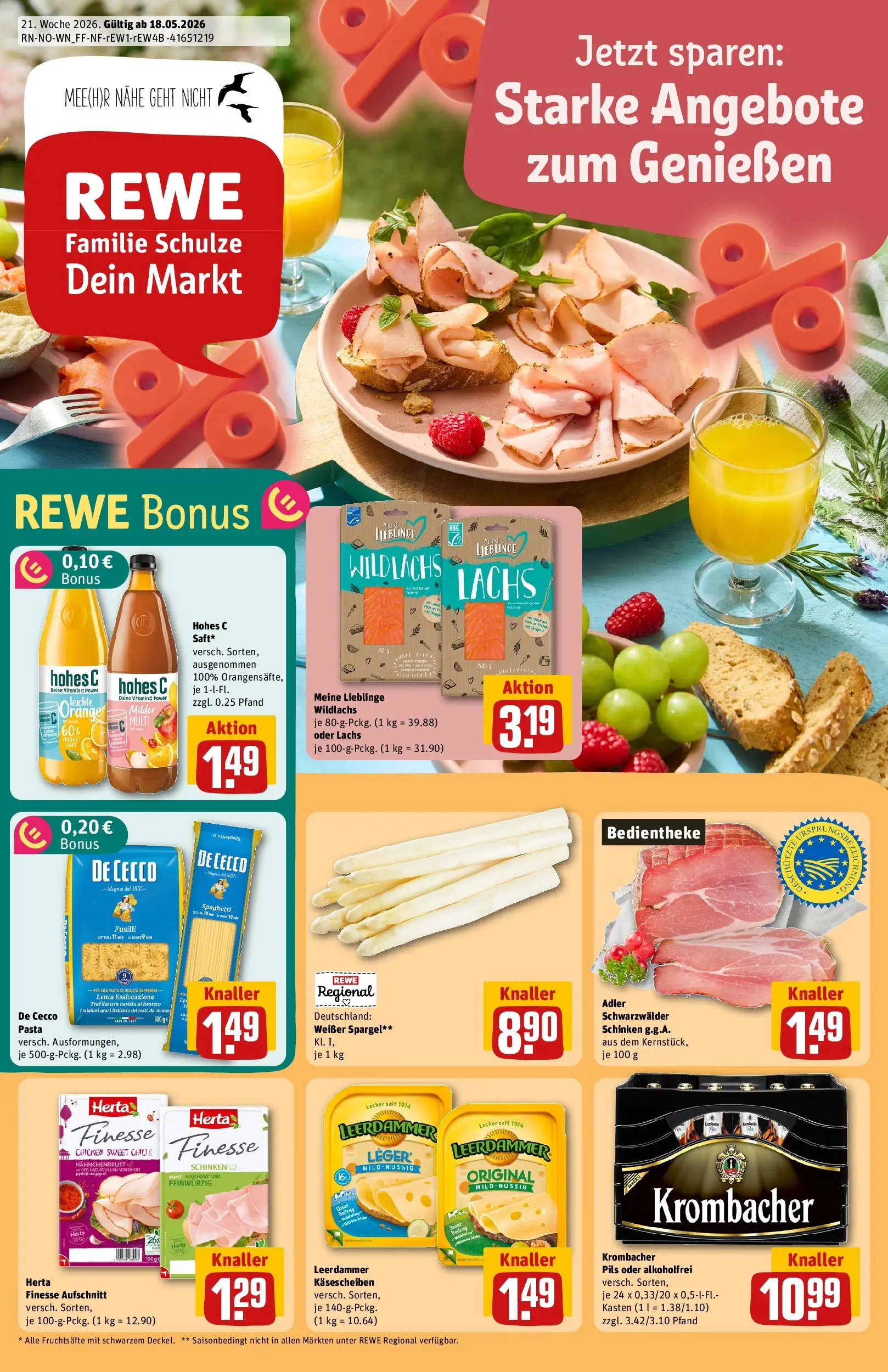 REWE Prospekt ab 17.05.2026 zum Blättern » Angebote | Seite: 1 | Produkte: Leerdammer, Krombacher, Hohes c, Herta finesse