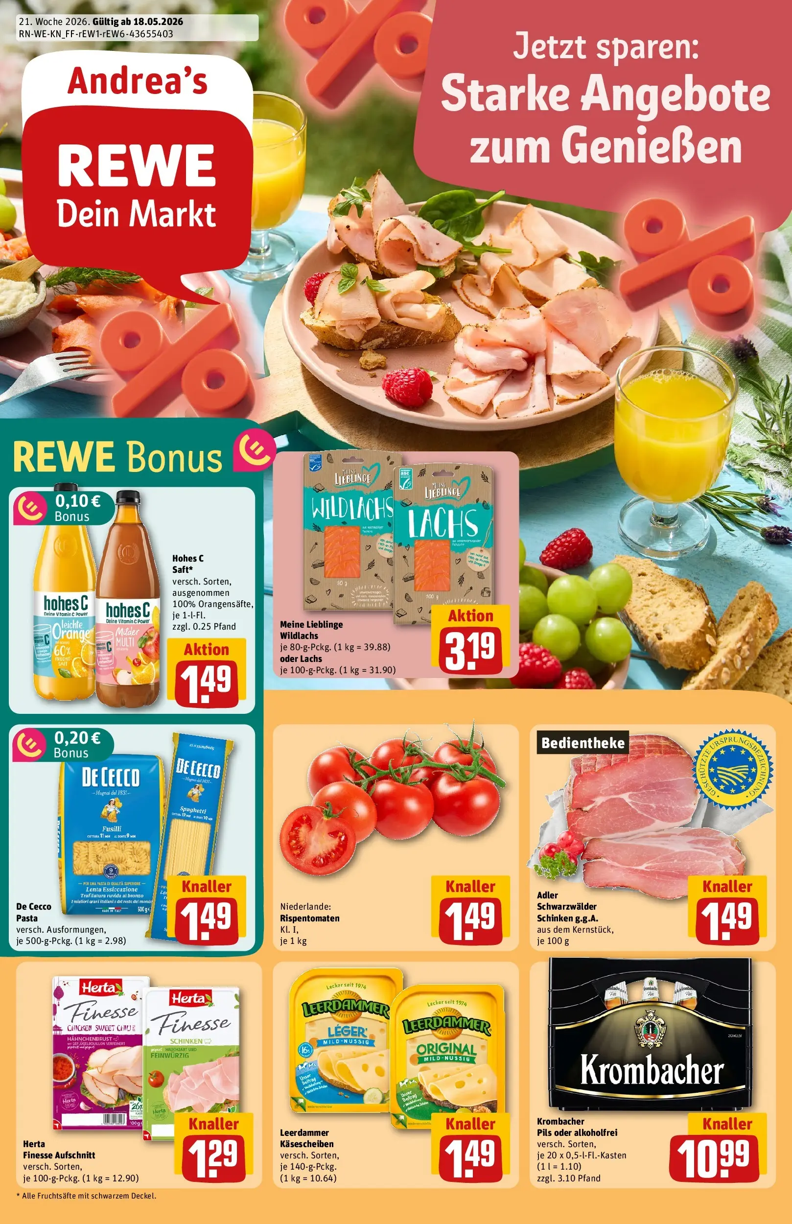REWE Prospekt ab 17.05.2026 zum Blättern » Angebote | Seite: 1 | Produkte: Pils, Leerdammer, Herta finesse, Hahnchenbrust