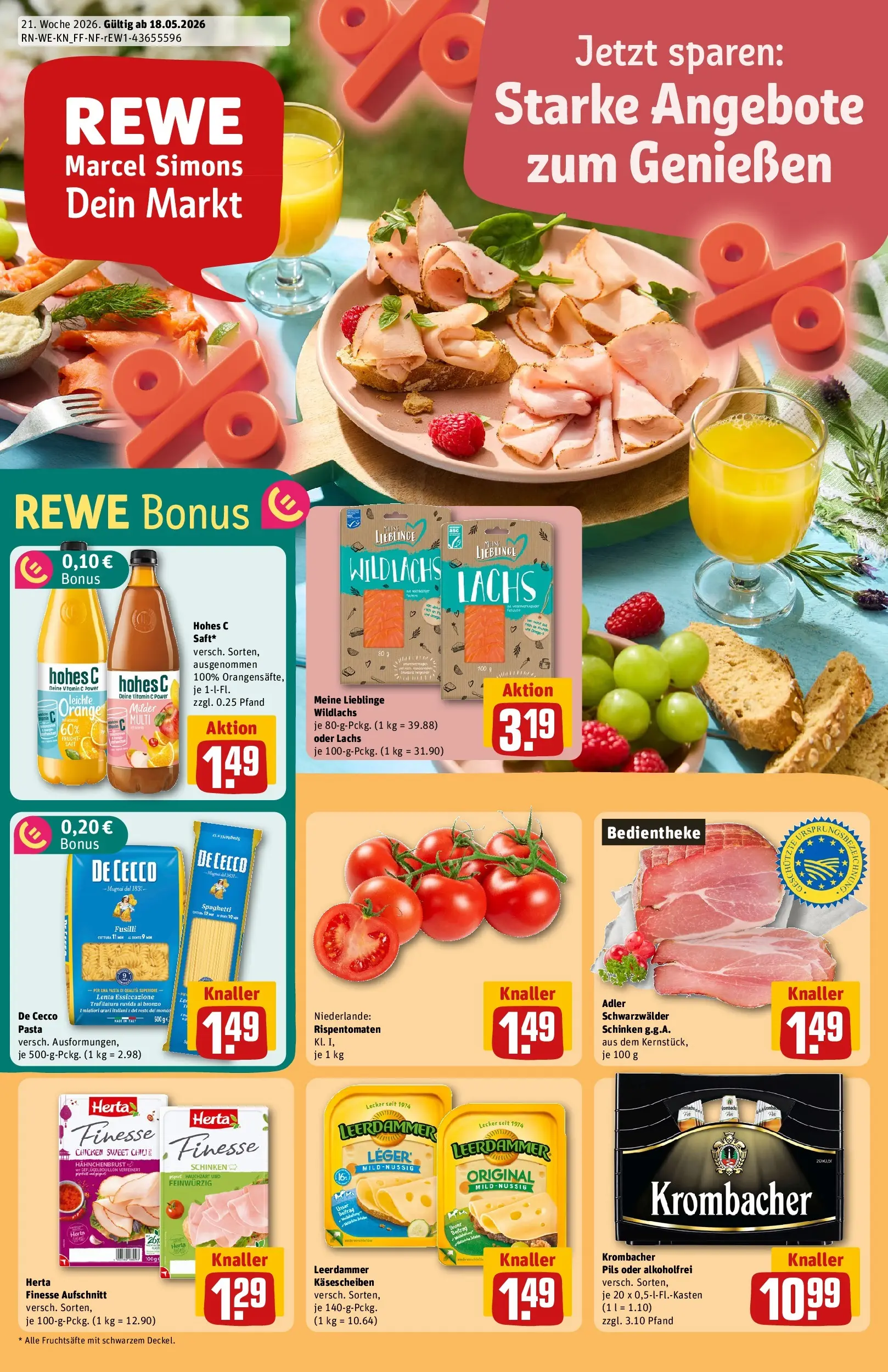 REWE Prospekt ab 17.05.2026 zum Blättern » Angebote | Seite: 1 | Produkte: Lachs, Pasta, Schinken, Hahnchenbrust