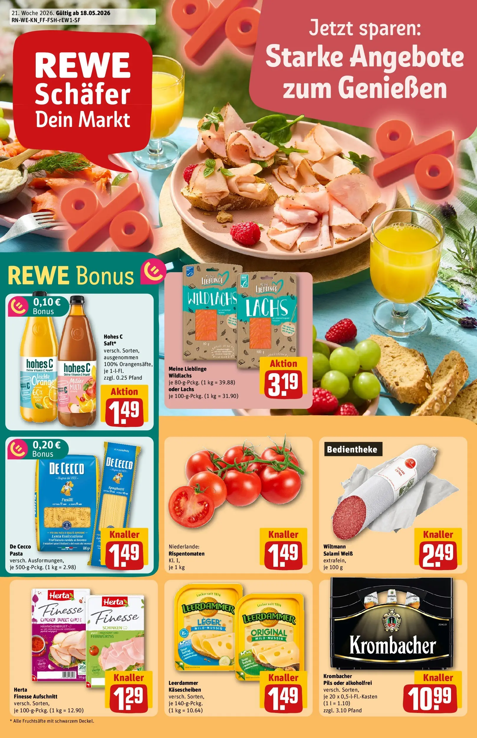 REWE Prospekt ab 17.05.2026 zum Blättern » Angebote | Seite: 1 | Produkte: Leerdammer, Lachs, Krombacher, Hahnchenbrust