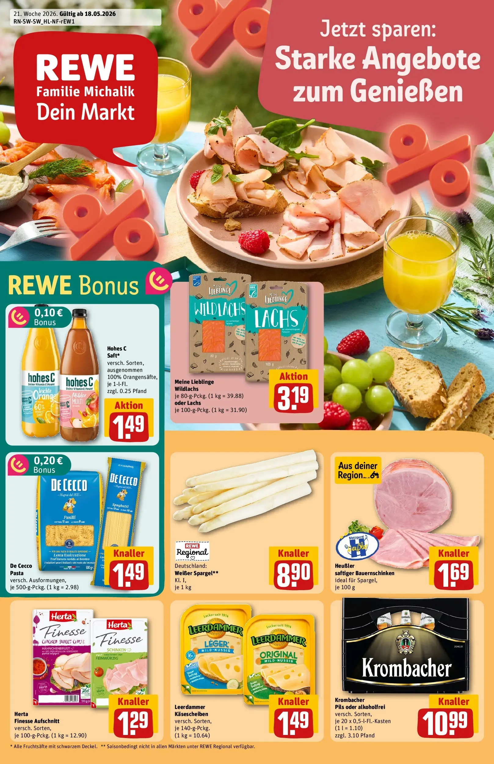REWE Prospekt ab 17.05.2026 zum Blättern » Angebote | Seite: 1 | Produkte: Pils, Lachs, Krombacher, Pasta