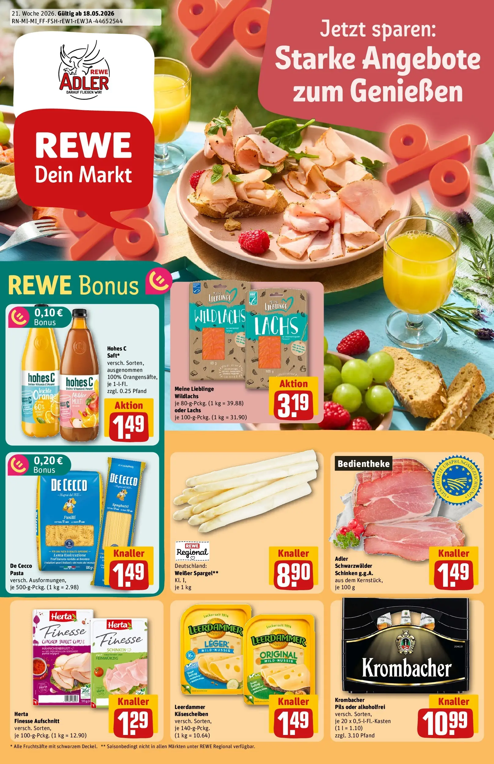 REWE Prospekt ab 17.05.2026 zum Blättern » Angebote | Seite: 1 | Produkte: Leerdammer, Krombacher, Pasta, Herta finesse