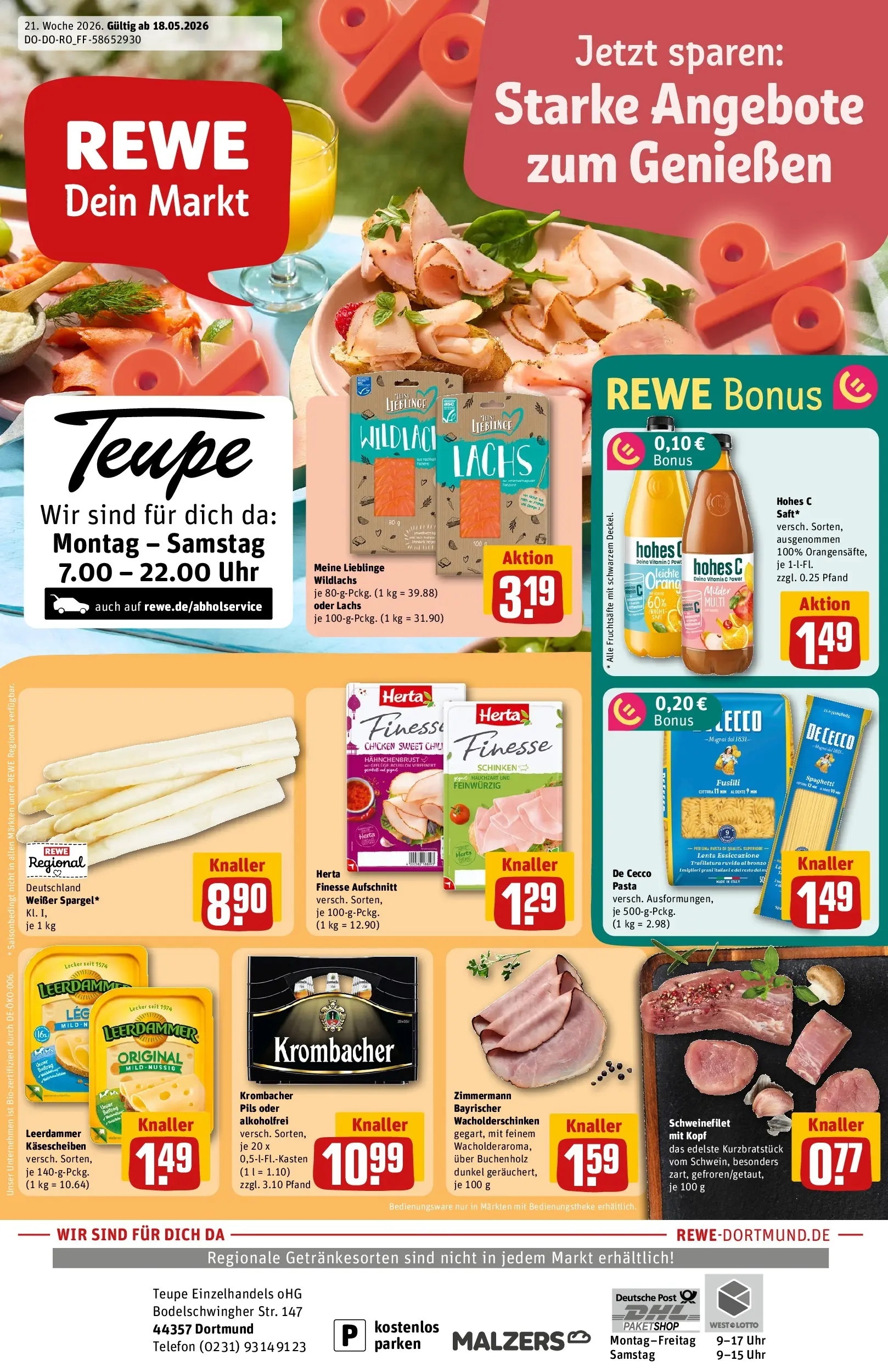 REWE Prospekt ab 18.05.2026 zum Blättern » Angebote | Seite: 1 | Produkte: Leerdammer, Lachs, Herta finesse, Telefon