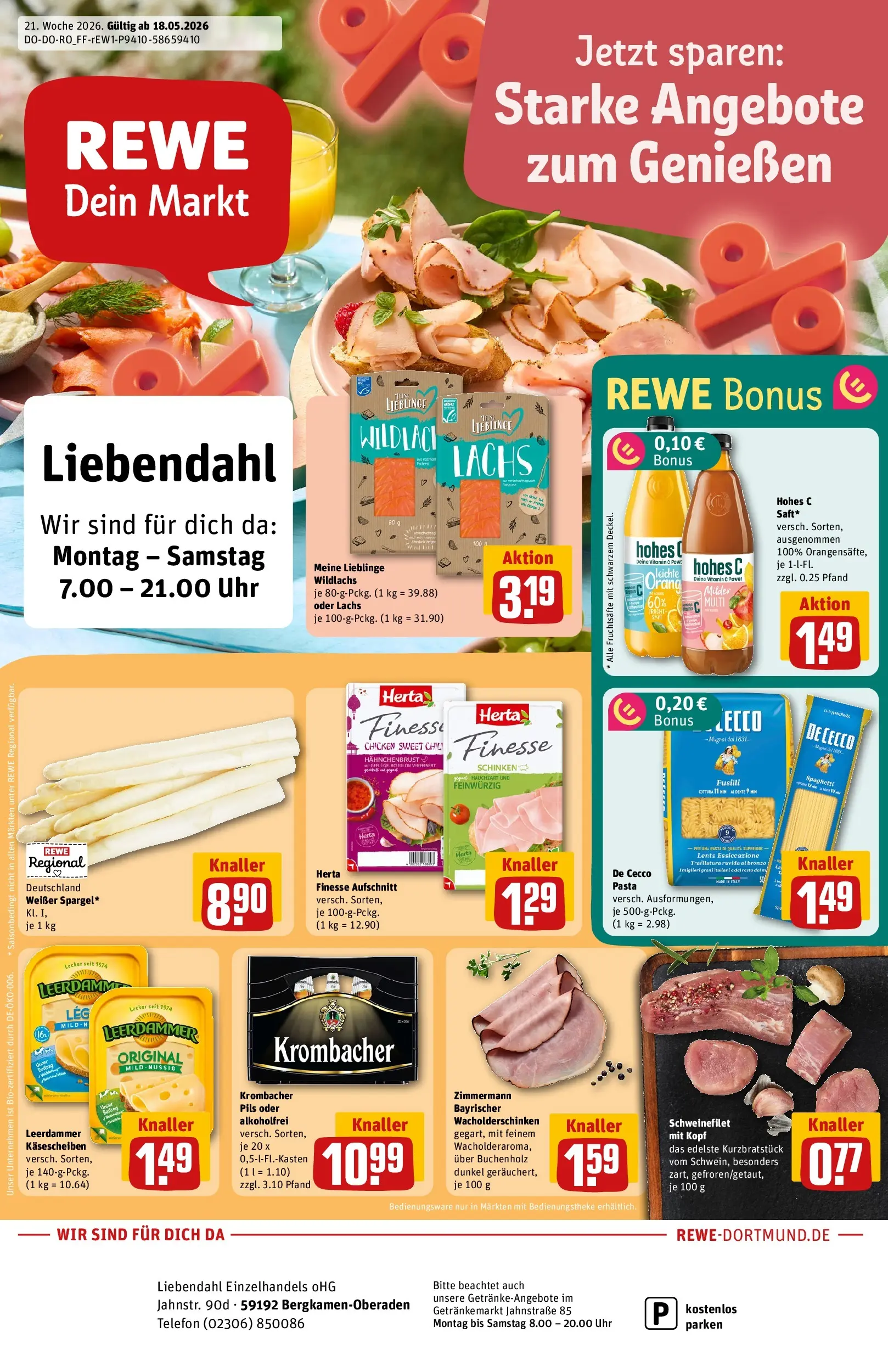 REWE Prospekt ab 17.05.2026 zum Blättern » Angebote | Seite: 1 | Produkte: Leerdammer, Krombacher, Herta finesse, Telefon