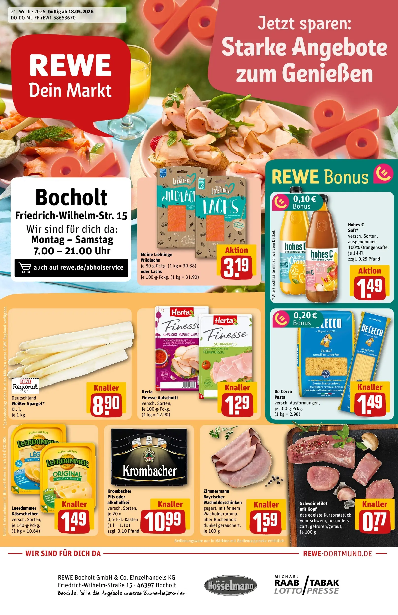REWE Prospekt ab 17.05.2026 zum Blättern » Angebote | Seite: 1 | Produkte: Bäckerei, Leerdammer, Hohes c, Schinken