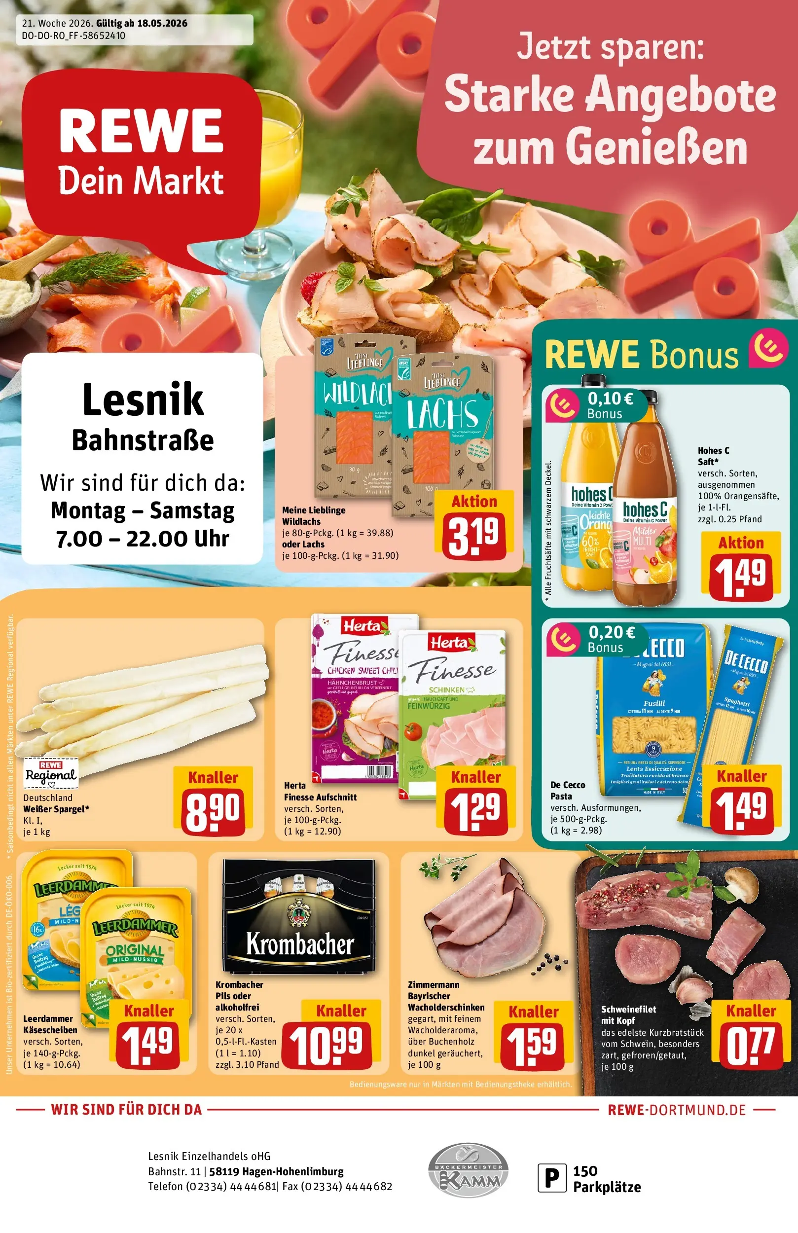 REWE Prospekt ab 17.05.2026 zum Blättern » Angebote | Seite: 1 | Produkte: Schweinefilet, Krombacher, Pasta, Telefon