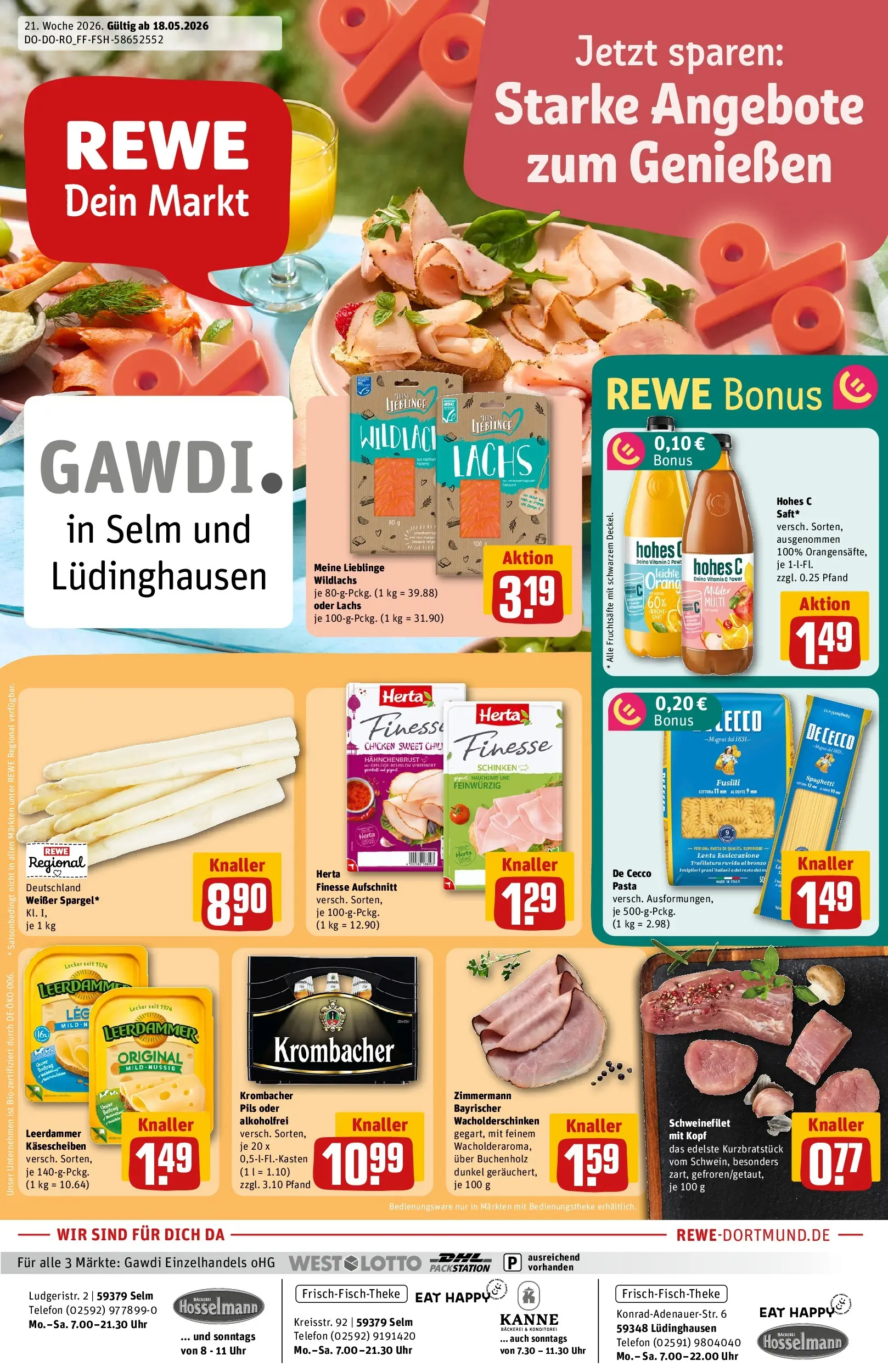 REWE Prospekt ab 17.05.2026 zum Blättern » Angebote | Seite: 1 | Produkte: Leerdammer, Pasta, Schinken, Hahnchenbrust