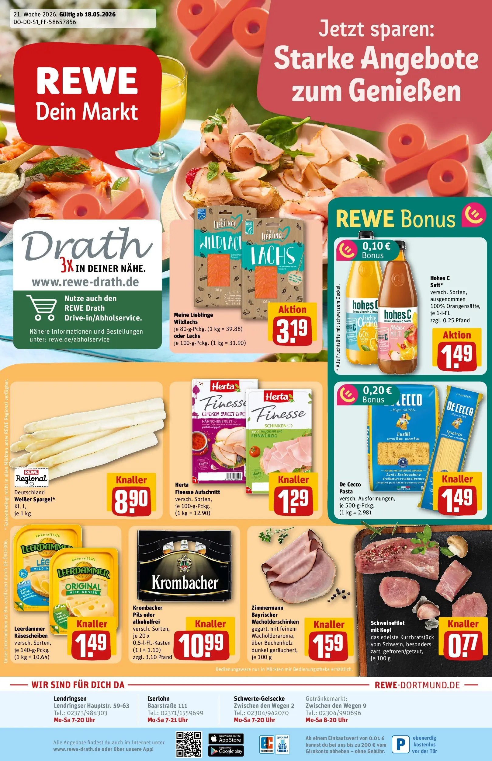 REWE Prospekt ab 17.05.2026 zum Blättern » Angebote | Seite: 1 | Produkte: Krombacher, Pasta, Hohes c, Schinken