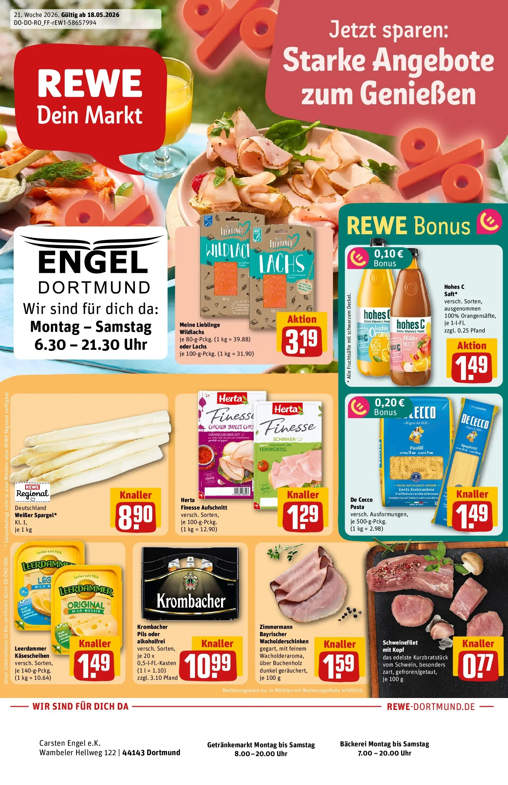 REWE Prospekt ab 18.05.2026 zum Blättern » Angebote | Seite: 1 | Produkte: Bäckerei, Krombacher, Schinken, Uhr