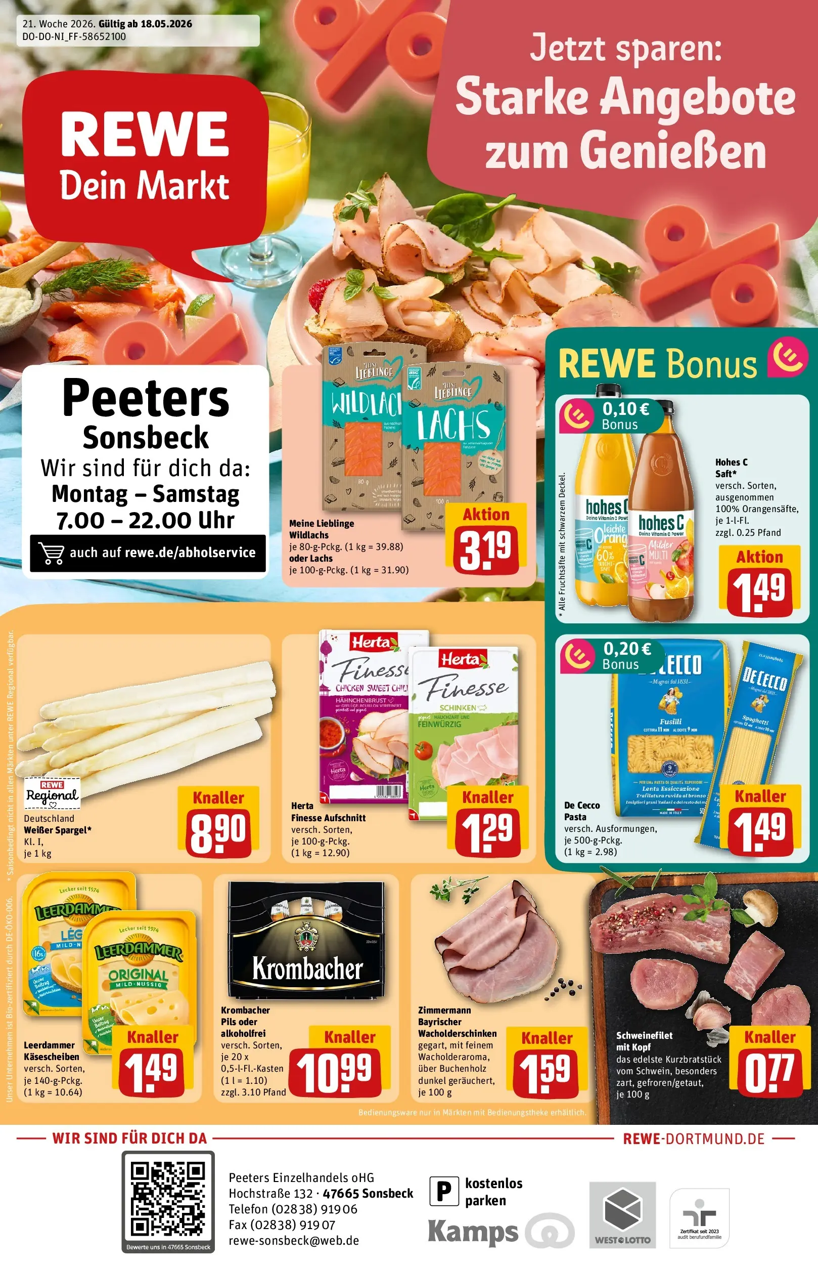 REWE Prospekt ab 17.05.2026 zum Blättern » Angebote | Seite: 1 | Produkte: Pils, Leerdammer, Lachs, Telefon