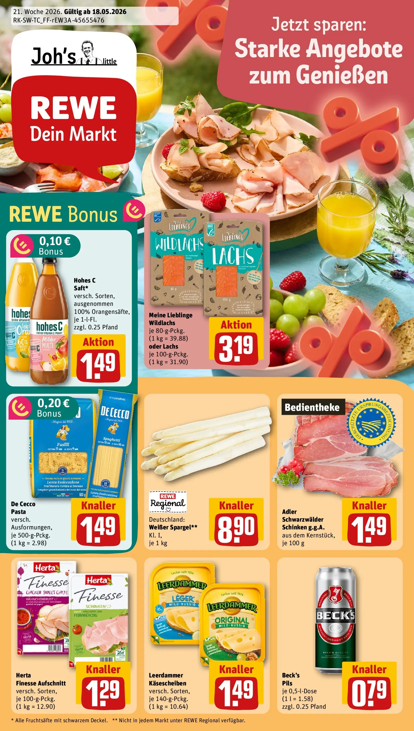REWE Prospekt ab 17.05.2026 zum Blättern » Angebote | Seite: 1 | Produkte: Pils, Spargel, Leerdammer, Lachs
