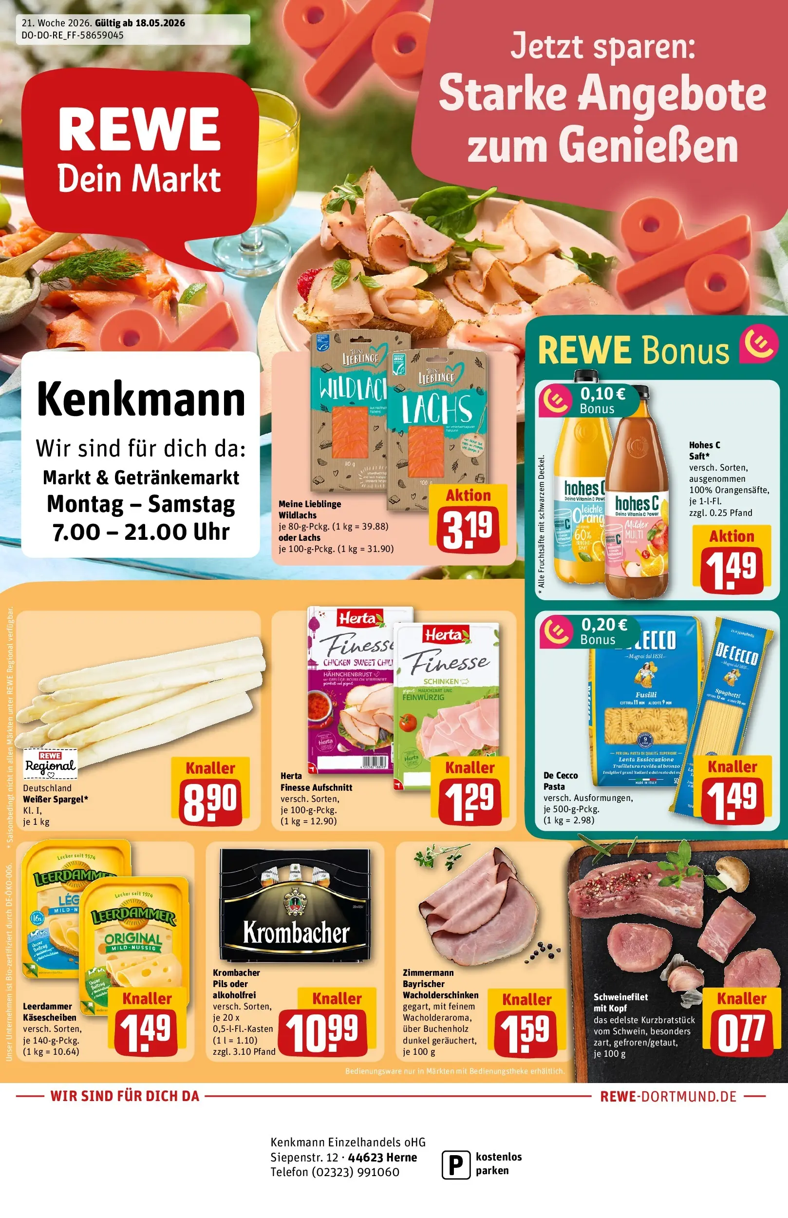 REWE Prospekt ab 17.05.2026 zum Blättern » Angebote | Seite: 1 | Produkte: Leerdammer, Pasta, Hohes c, Uhr