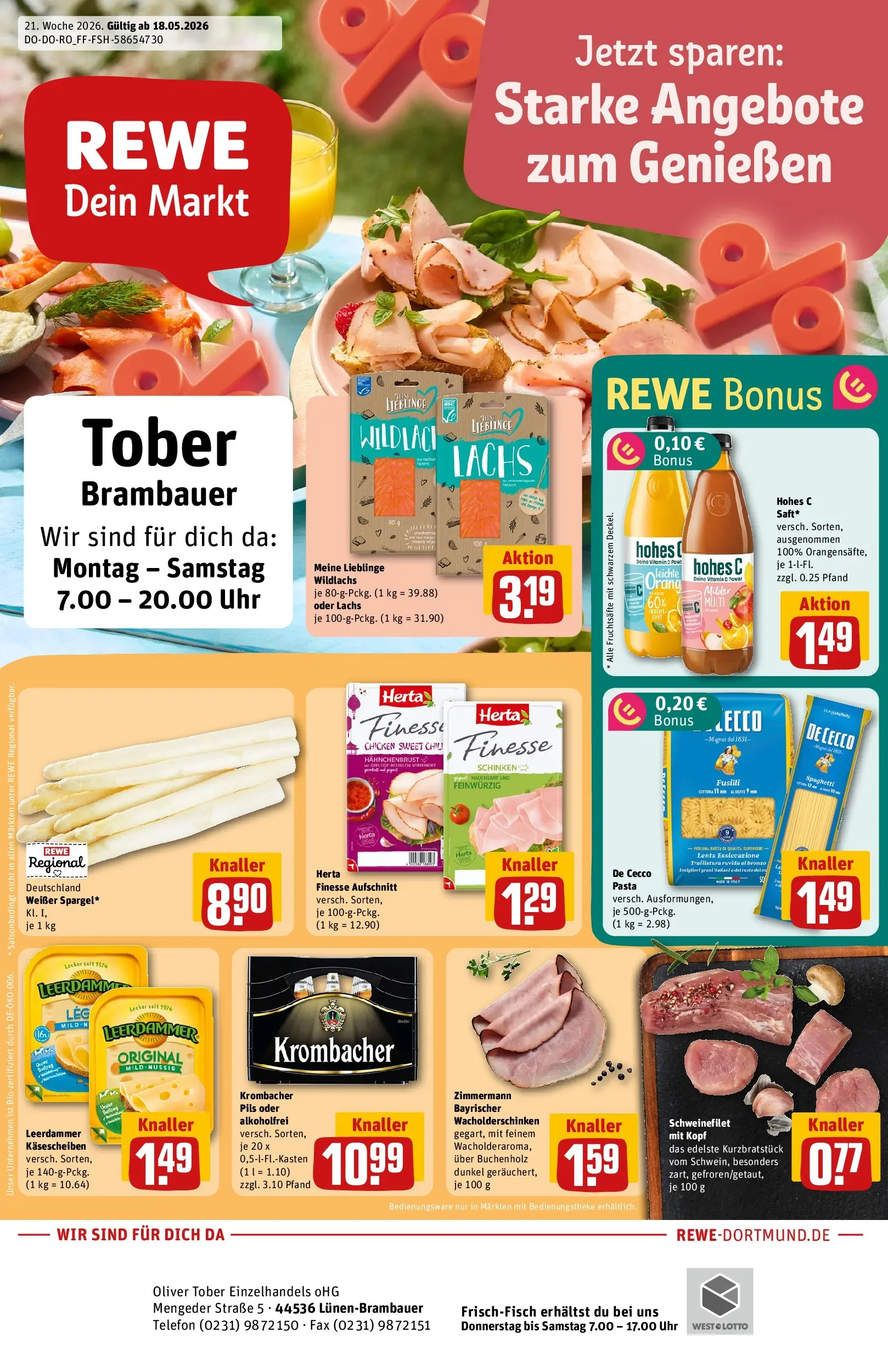 REWE Prospekt ab 17.05.2026 zum Blättern » Angebote | Seite: 1 | Produkte: Leerdammer, Lachs, Hohes c, Schinken