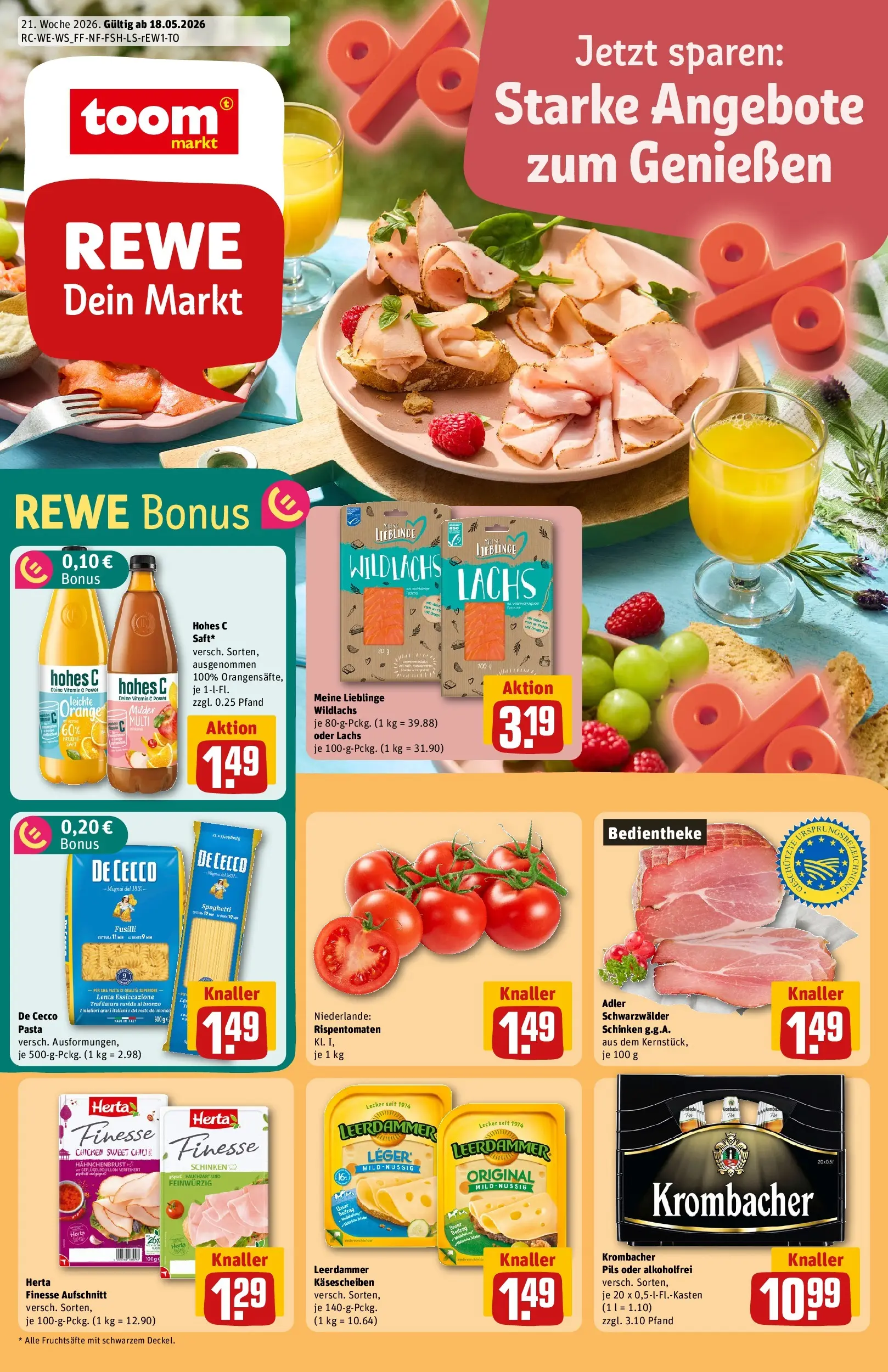 REWE Prospekt ab 17.05.2026 zum Blättern » Angebote | Seite: 1 | Produkte: Pils, Leerdammer, Lachs, Schinken