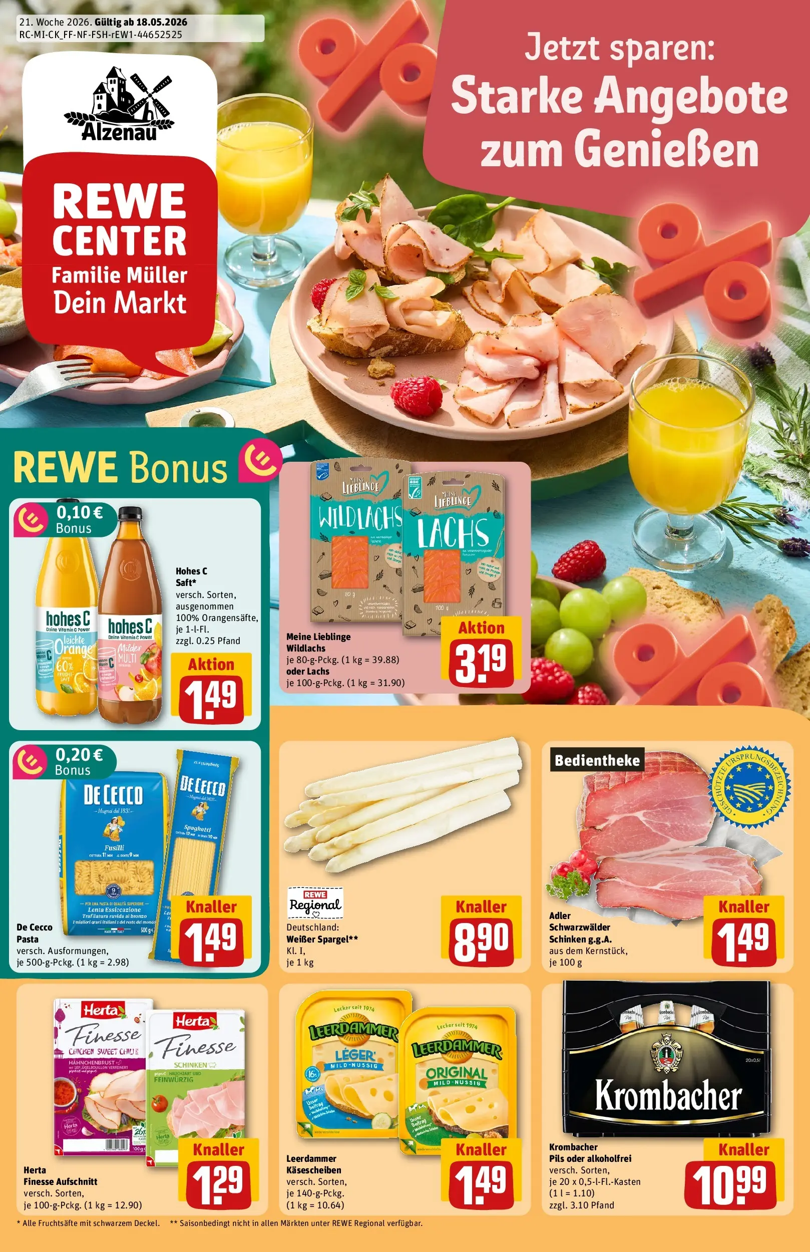 REWE Prospekt ab 17.05.2026 zum Blättern » Angebote | Seite: 1 | Produkte: Leerdammer, Lachs, Pasta, Herta finesse